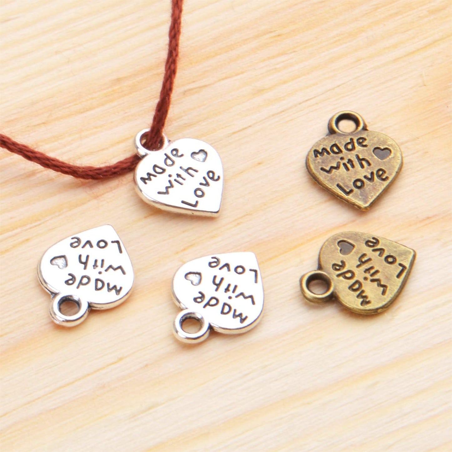100pcs Peach Heart Shape MADE WITH LOVE Charm pendant for DIY Crafting jewelry Making(Antique Silver and Bronze)