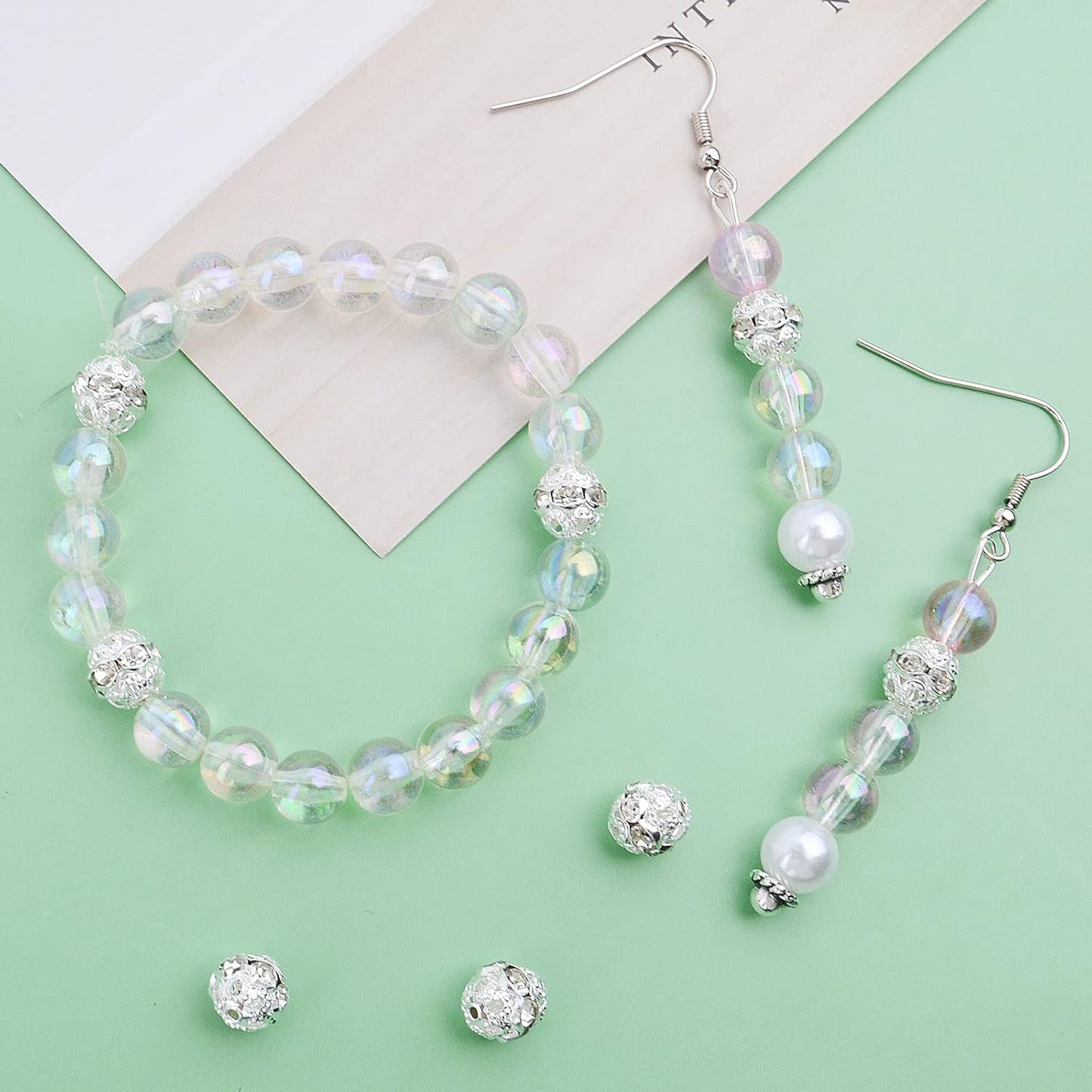 100pcs 8 mm Silver Crystal Rhinestone Ball Spacer Beads Round Ball Disco Rondelle Loose Spacer Beads Jewelry Findings Accessories for DIY Necklace Bracelet Handmade Decor