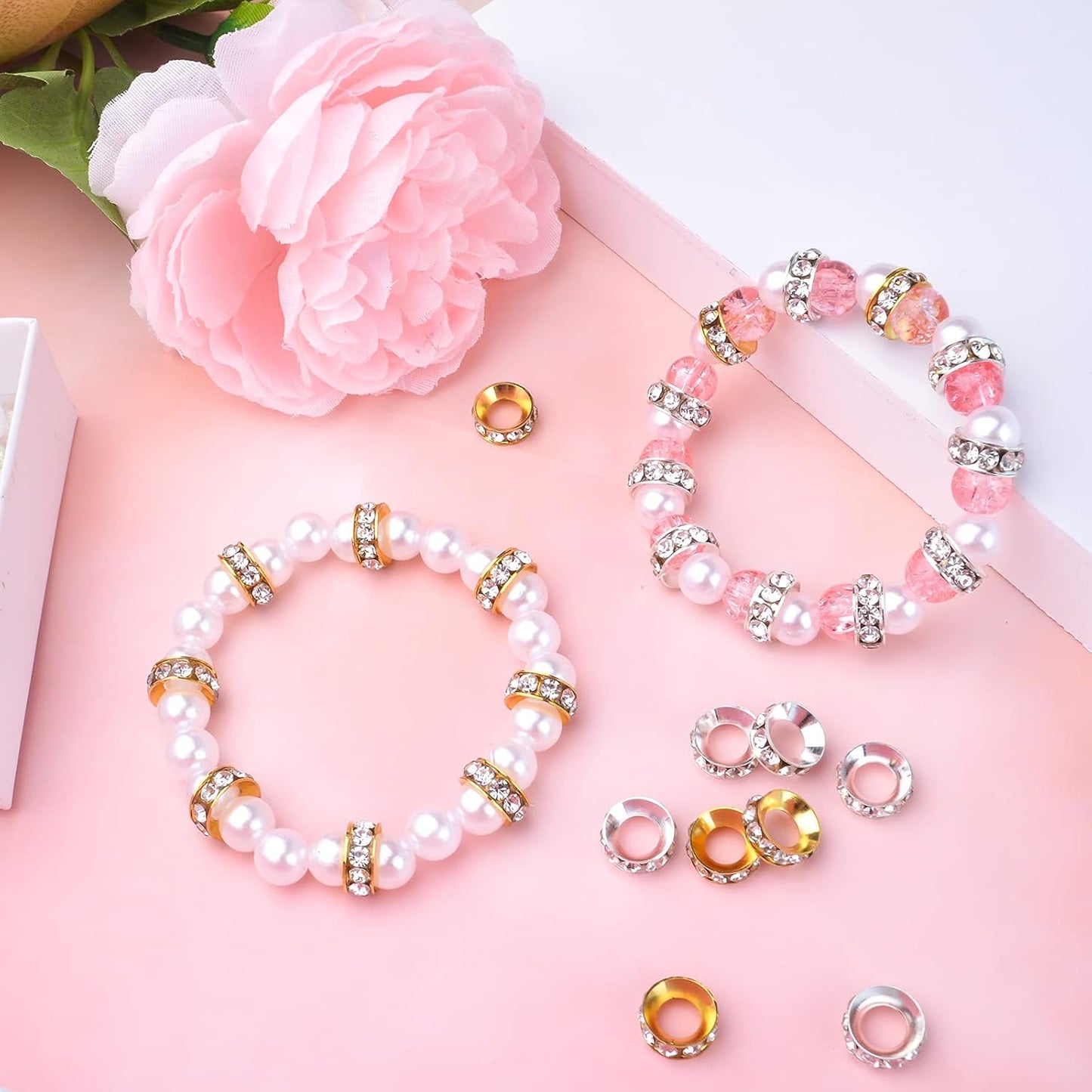 40pcs Crystal Rhinestone Spacer Beads Rondelle Loose Bead Brass European Large Hole Charm Beads for Necklaces Bracelets Crafts Jewelry Making Accessories, Golden and Silver