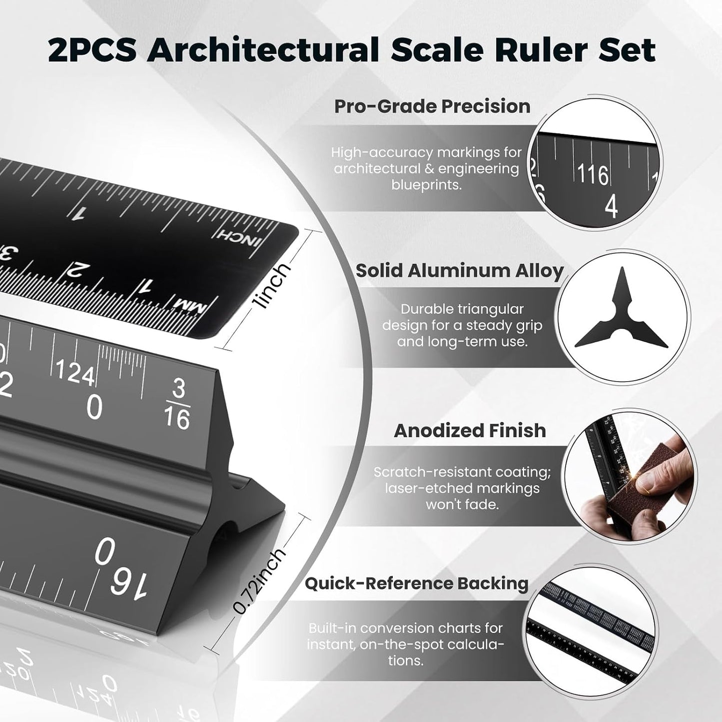Aylifu 2Pcs Architectural Scale Ruler, Triangular Scale & Straight Ruler, 12 Inch Aluminum Drafting Ruler Set, Laser Etched, Smooth Non-Sharp Edges, Lightweight, Inch MM Conversion for Architectur