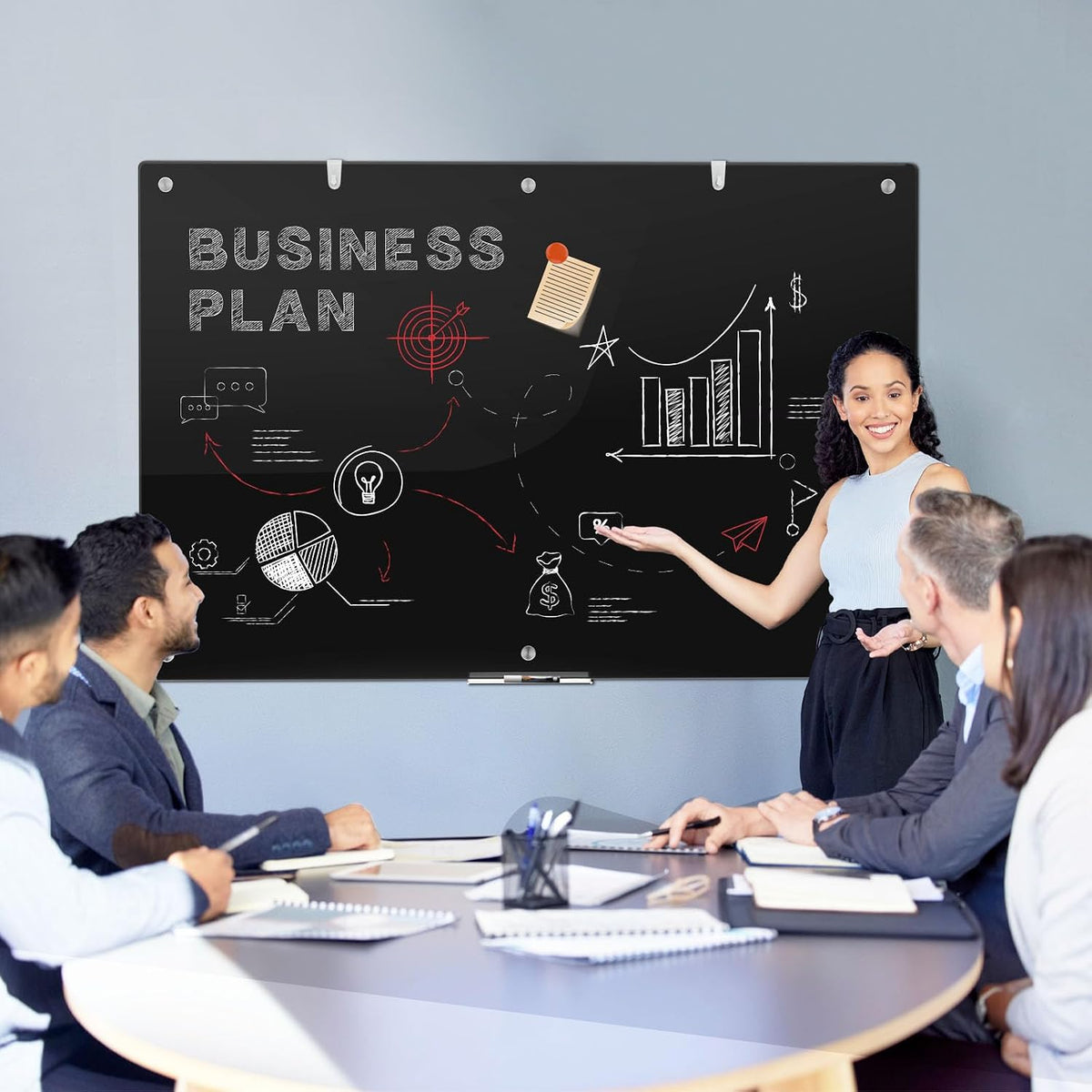 HENDEVL Large Black Glass Dry Erase Board, 72 x 48 Inches Magnetic Glass whiteboard,6' x 4' Frameless Blackboard for Office,Home,School