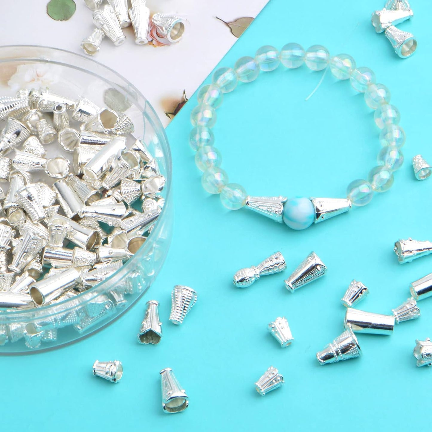 100 Gram (About 110-150pcs) Mixed Styles Cone Bead Caps Tibetan Alloy Flower Spacer Bead Caps Tassel End Caps for DIY Bracelet Necklace Jewelry Craft Making, Bright Silver