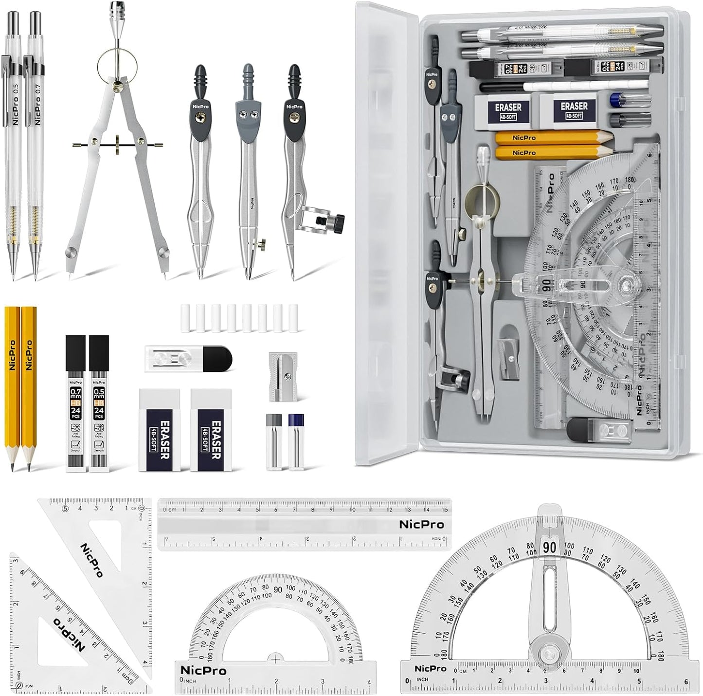 Aylifu 22 PCS Compass Geometry Tools with Case, Drafting Tools Geometry Set with Swing Arm Protractor, Rulers, Metal Compass, Square Set, Mechanical Pencil, Back to School Supplies for Students