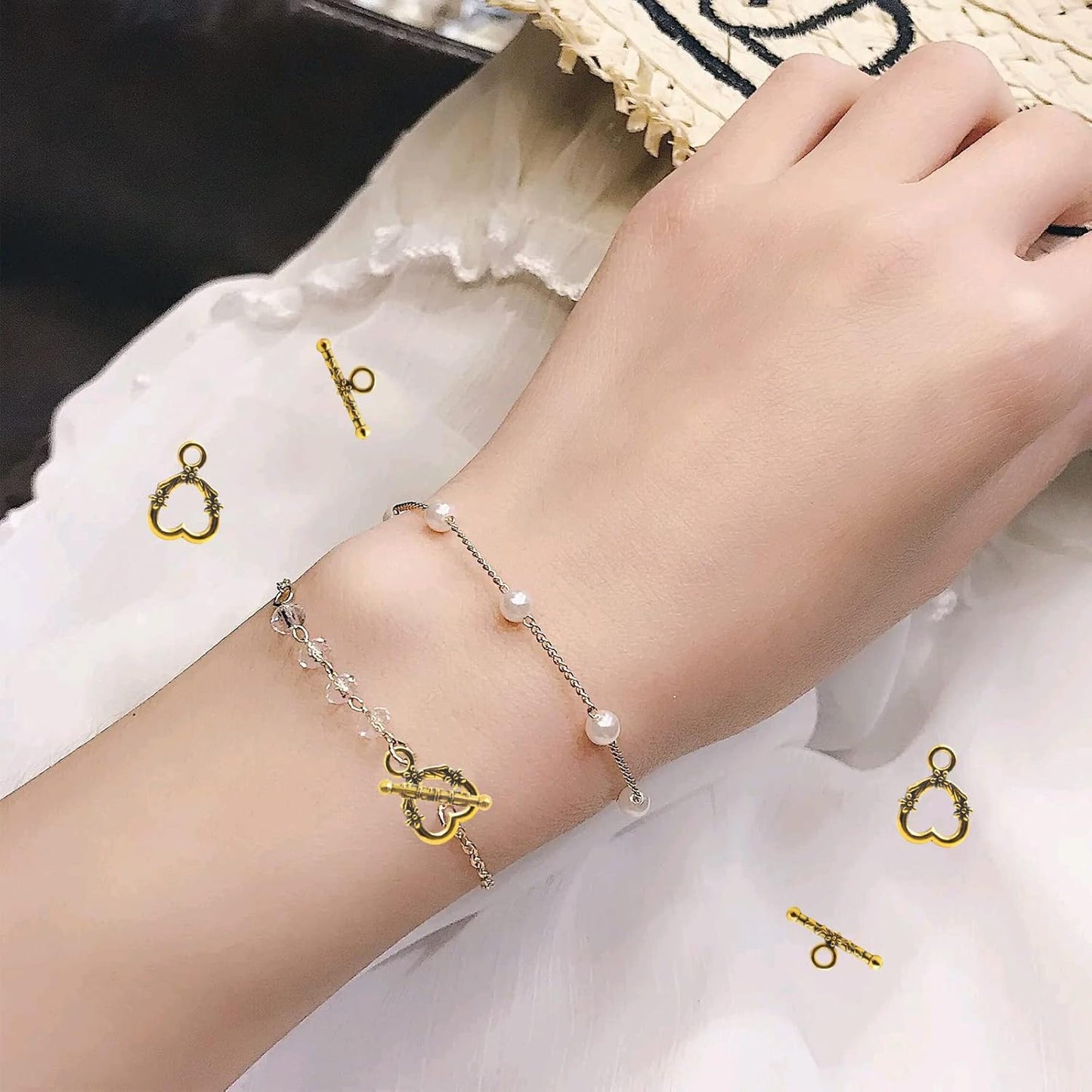 40 Sets Antique Alloy Toggle Clasps T-bar Closure Clasps Flower Heart Clasps Fastener Toggle End Clasps Connectors for Necklace Bracelet Jewelry Making Supplies, 2 Colors