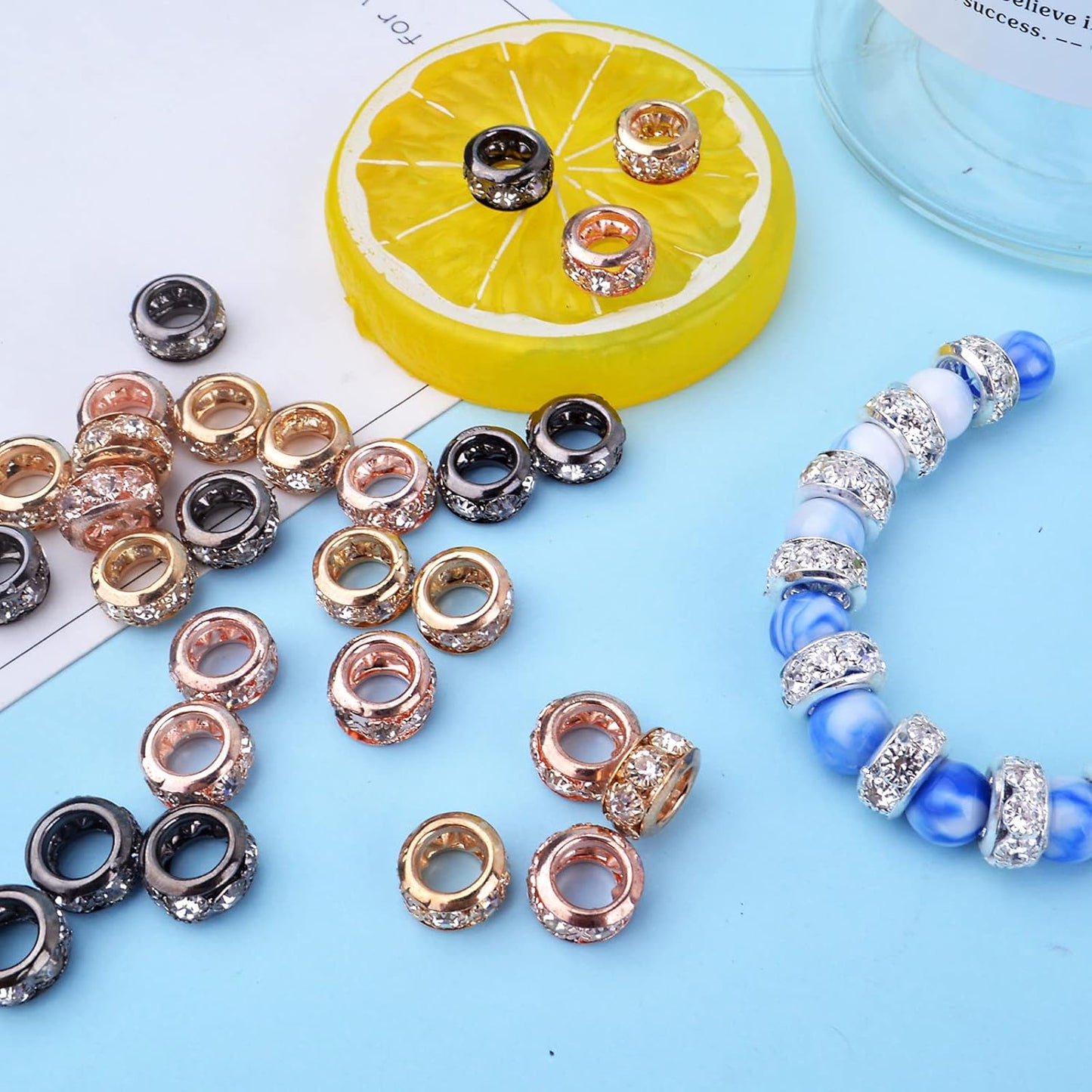 40pcs 4 Colors Crystal Rhinestone European Beads Large Hole Rondelle Spacer Beads Loose Beads for European Bracelet Snake Chain Jewelry Making Findings, 10 mm x 5 mm, Hole: 6 mm