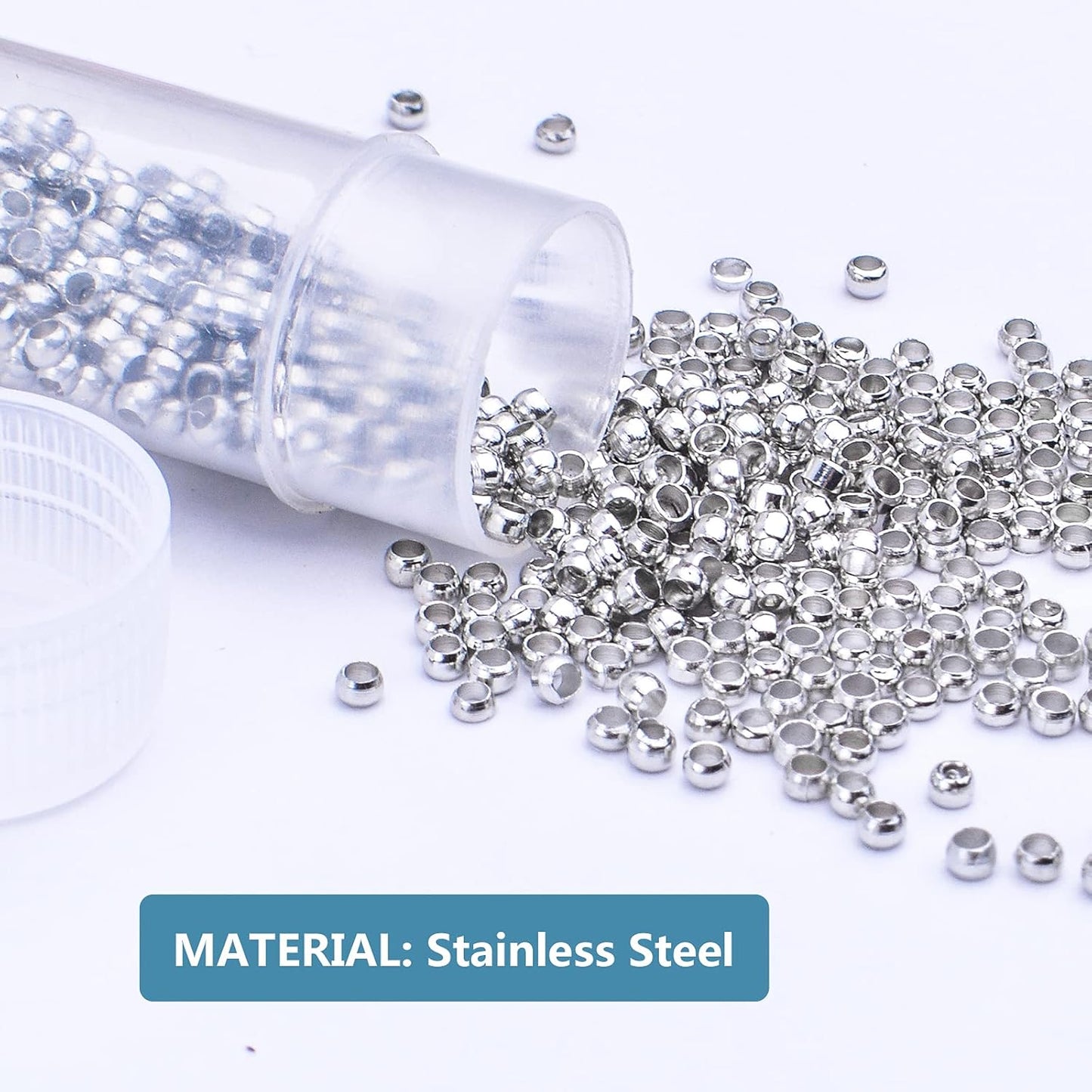 1000pcs 2mm Round Crimp Beads Stainless Steel Loose Spacer Stoppers Beads Ends Caps and 1pcs Plastic Box for Jewelry Making Bracelets Necklace, Hole : 1.6mm
