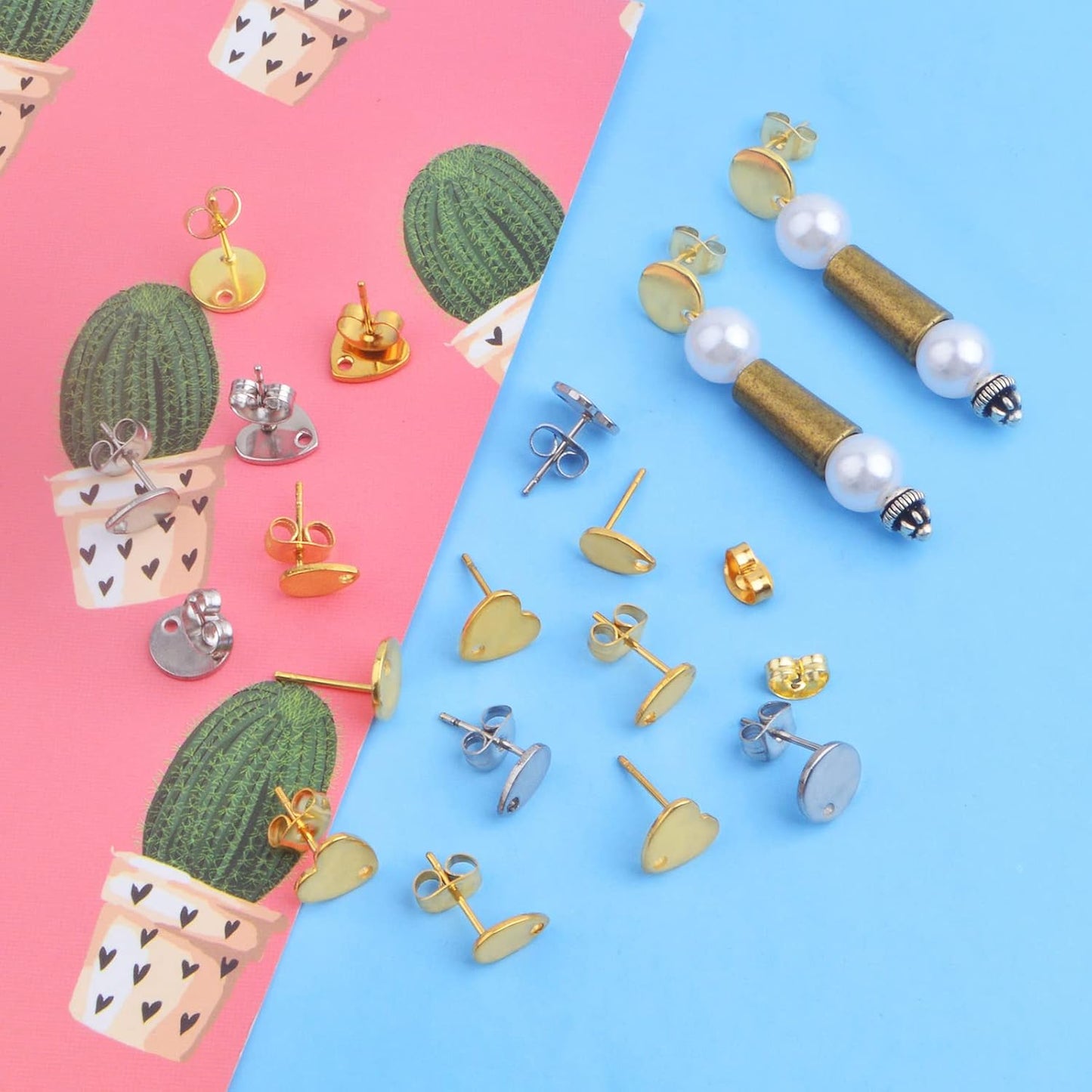 24pcs 3 Styles Stainless Steel Earring Posts with Loop Blank Round Heart Teardrop Shape Stud Earrings and 24pcs Butterfly Earring Backs for DIY Jewelry Making Supplies, 2 Colors