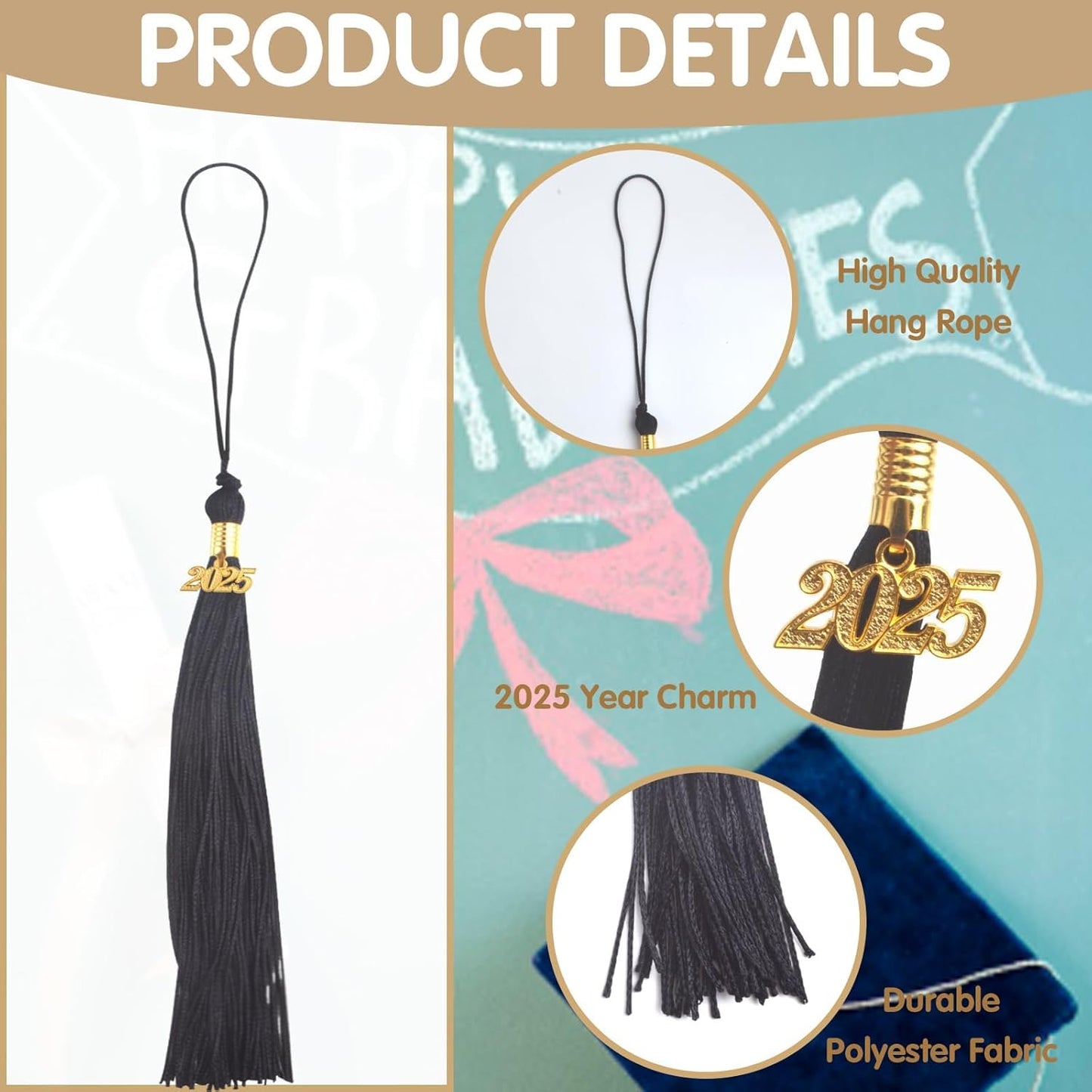 10pcs Black Graduation Tassels Academic Grad Cap Tassel Decoration with 10pcs Golden 2025 Year Charms for 2025 Graduates Graduation Ceremonies Parties Activities Souvenir