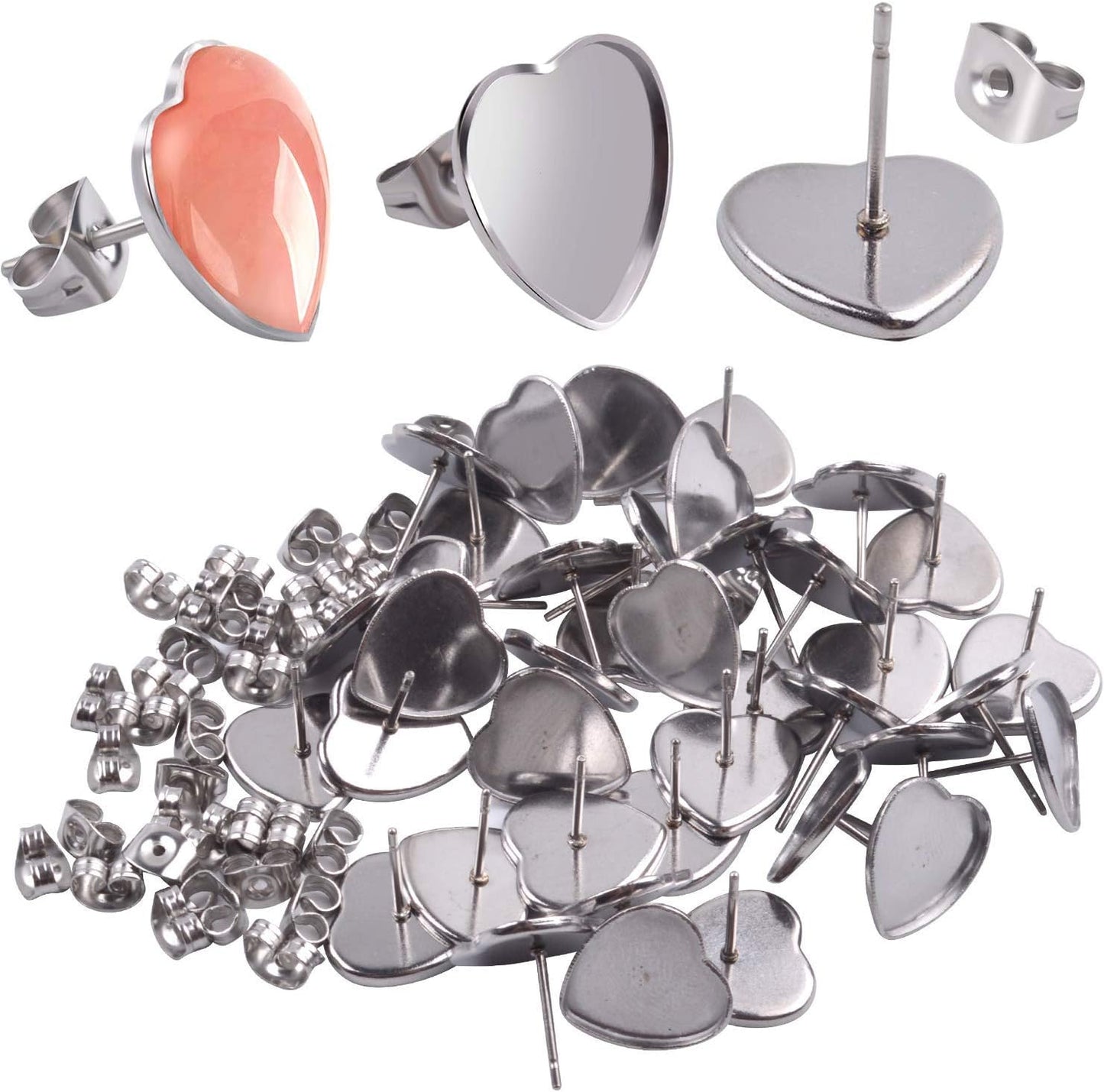 Earring Cabochon Settings, 40 Pieces Cabochon Stud Earrings Blank Heart Shape Earring Bezel Tray with 40 Pieces Earring Safety Backs for Jewelry Making,Bronze