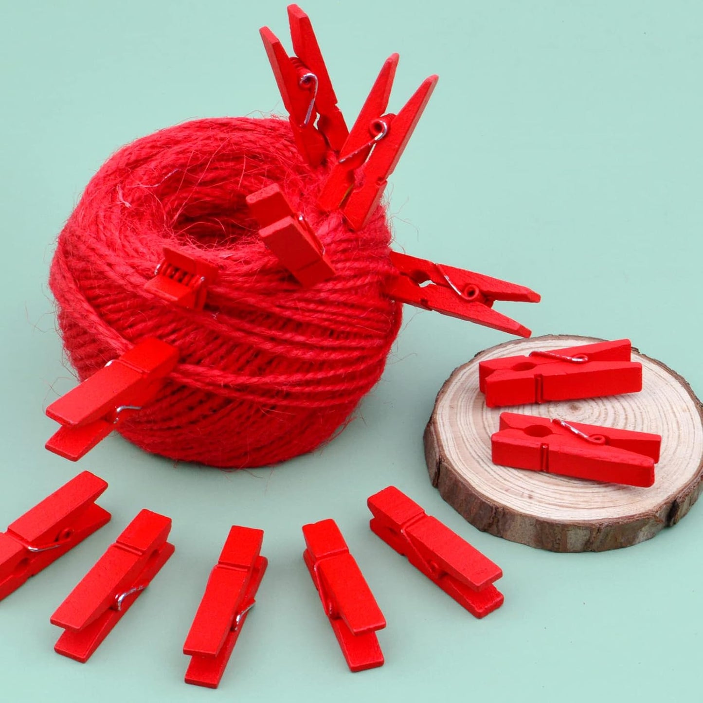 50 Pieces Red Wooden Clothespins Photo Paper Clips Mini Laundry Peg Pins with 50 Meters Twine for DIY Crafts Christmas Wedding Party Decoration