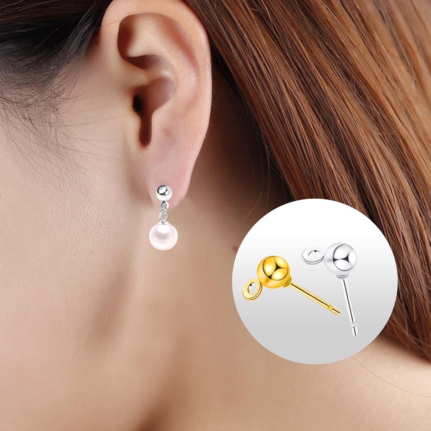 Ball Post Earring Studs, 100pcs Hypoallergenic Earring Studs Ball Ear Pin with Loop Round Ball Spherical Earrings and 300pcs Earring Safety Backs for Jewelry Making, Gold, Silver