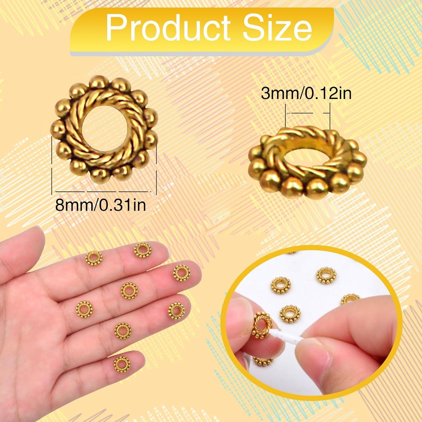 200pcs Round Gear Spacer Beads Tibetan Antique Golden Alloy Rondelle Loose Charm Bead Metal Spacers Accessories for DIY Bracelet Necklace Earrings Crafts Jewelry Findings
