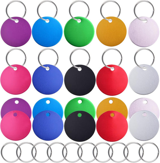 20pcs 25 mm Blank Aluminum Pet Dog Tags Round Discs Metal Engravable Stamping Tag Pendants Blanks with Hole and 20pcs Key Rings for DIY Decorative Craft Jewelry Making Supplies, 10 Colors