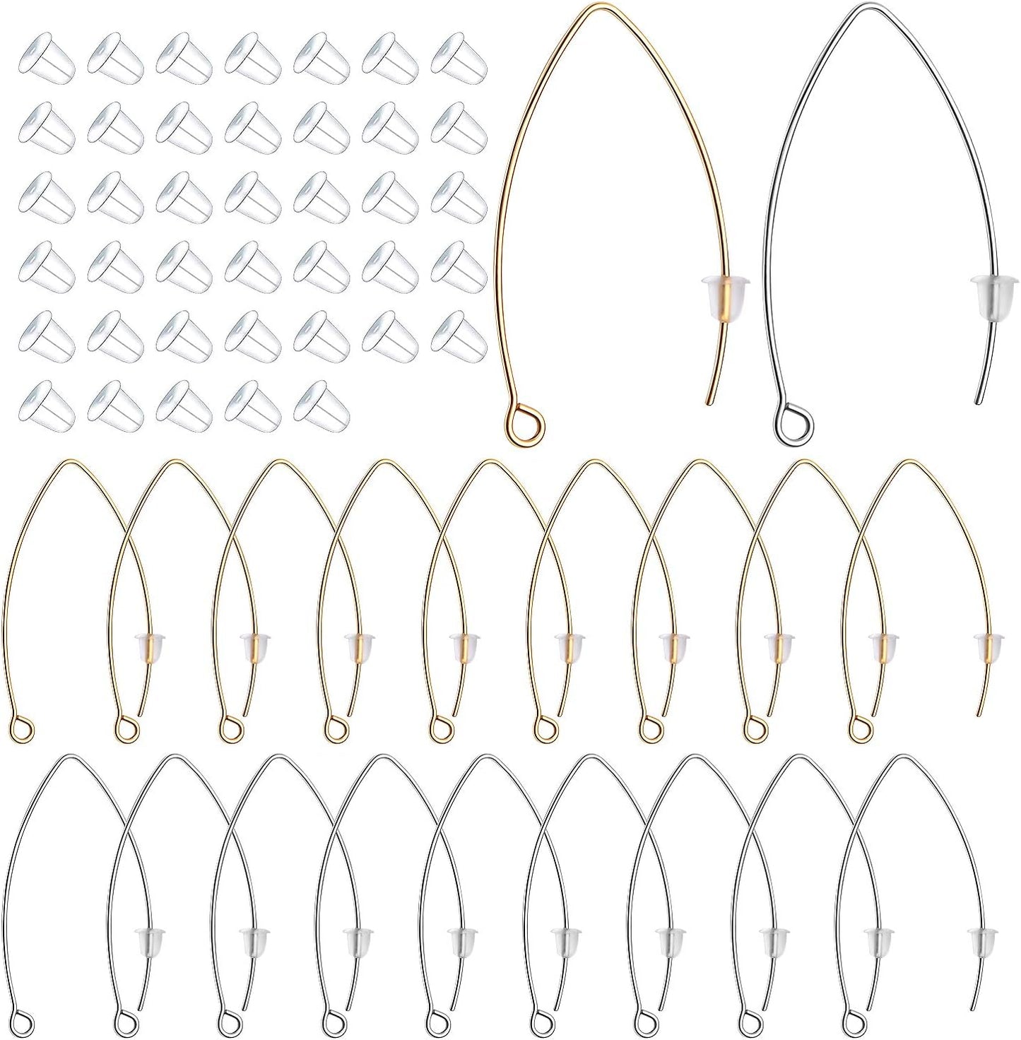 40pcs Stainless Steel Ear Wire V-Shaped Earring Hooks Hypoallergenic Earring Hooks Components and 40pcs Clear Ear Backs for DIY Dangle Earrings Jewelry Making, Silver