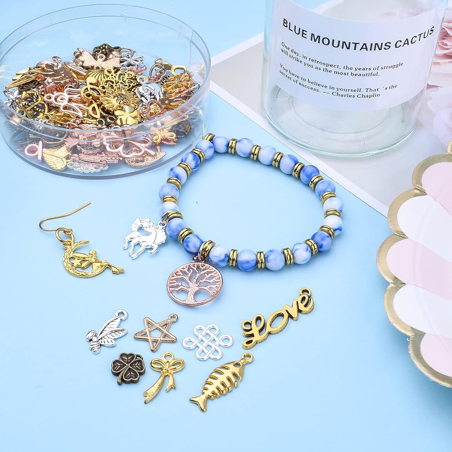 100pcs Craft Supplies Mixed Heart Star Animal Flower Branch Alloy Charms Pendants Bead Charm for Jewelry Making Bracelet Necklace, 7 Colors