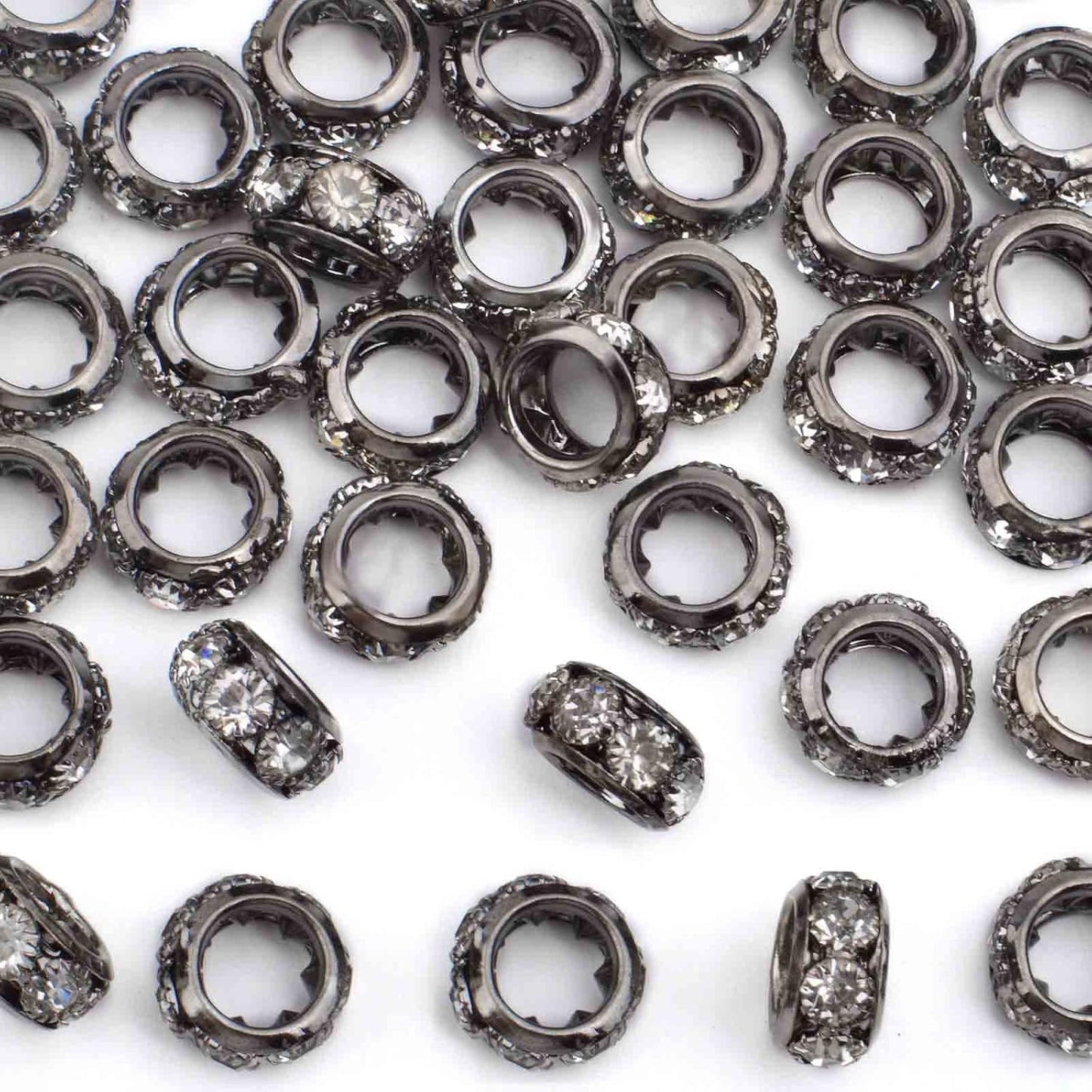 40pcs Large Hole Rhinestone Spacer Beads European Crystal Rondelle Loose Beads Handmade Accessories for DIY Bracelet Snake Chain Jewelry Making Supplies, Gun Black