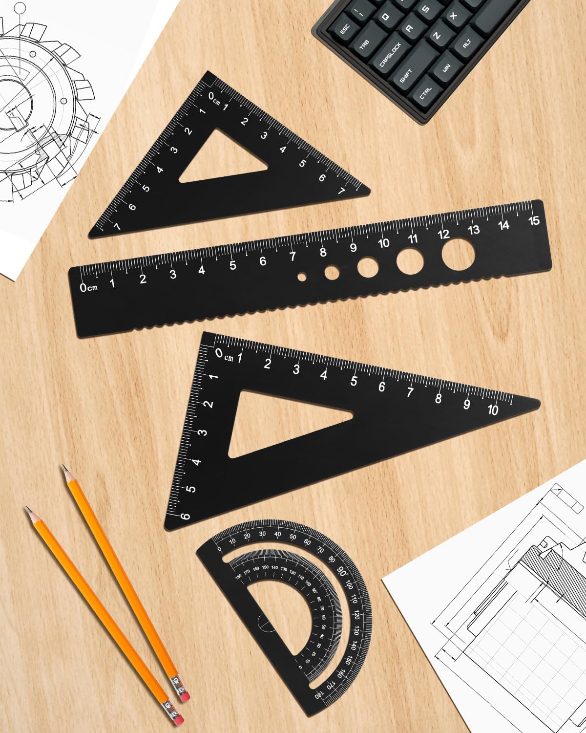 HENDEVL Triangular Ruler Set, 4 Pieces Aluminum Alloy Ruler, Metal Drafting Ruler, Geometric Protractor for Students, Draftsmen, Engineers, School Office Supplies (Black)