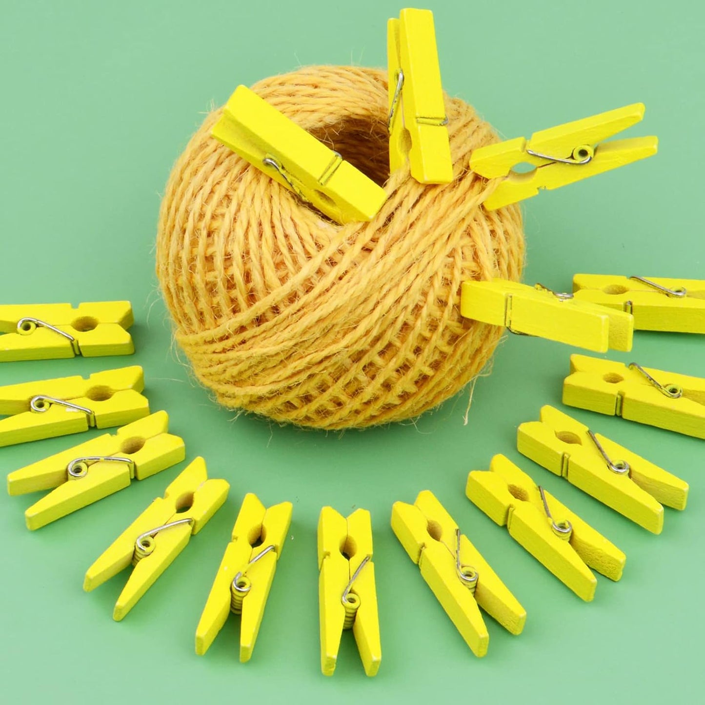 50pcs Wooden Photo Clips Clothespins Utility Pictures Paper Peg Pin Craft Clips and 50m Jute Twine for Home School Handmade Decoration(Yellow)