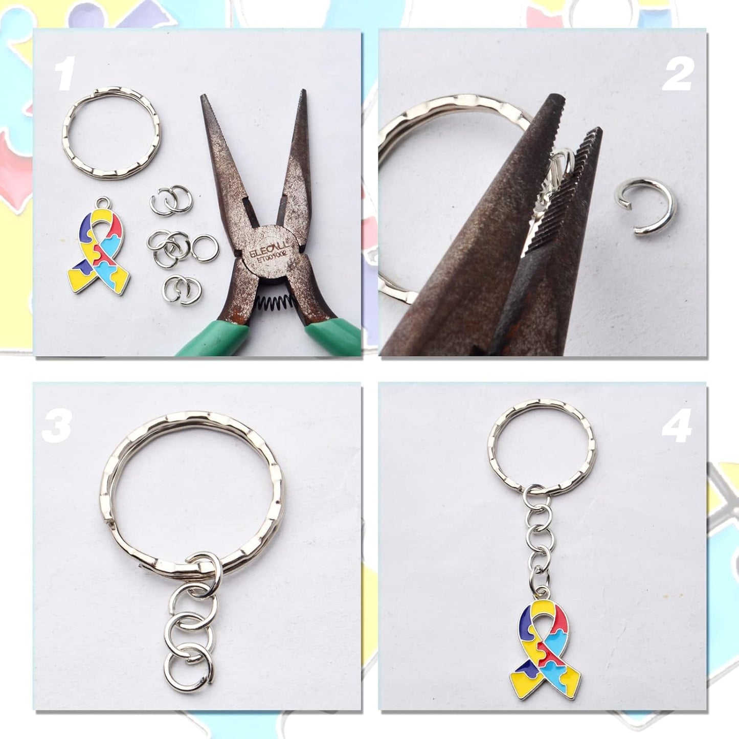 16pcs 8 Styles Autism Charms Mixed Jigsaw Puzzle Pendants Autistic Awareness Charms with 50pcs 5mm Open Jump Rings for DIY Crafts Necklace Bracelet Jewelry Making Supplies