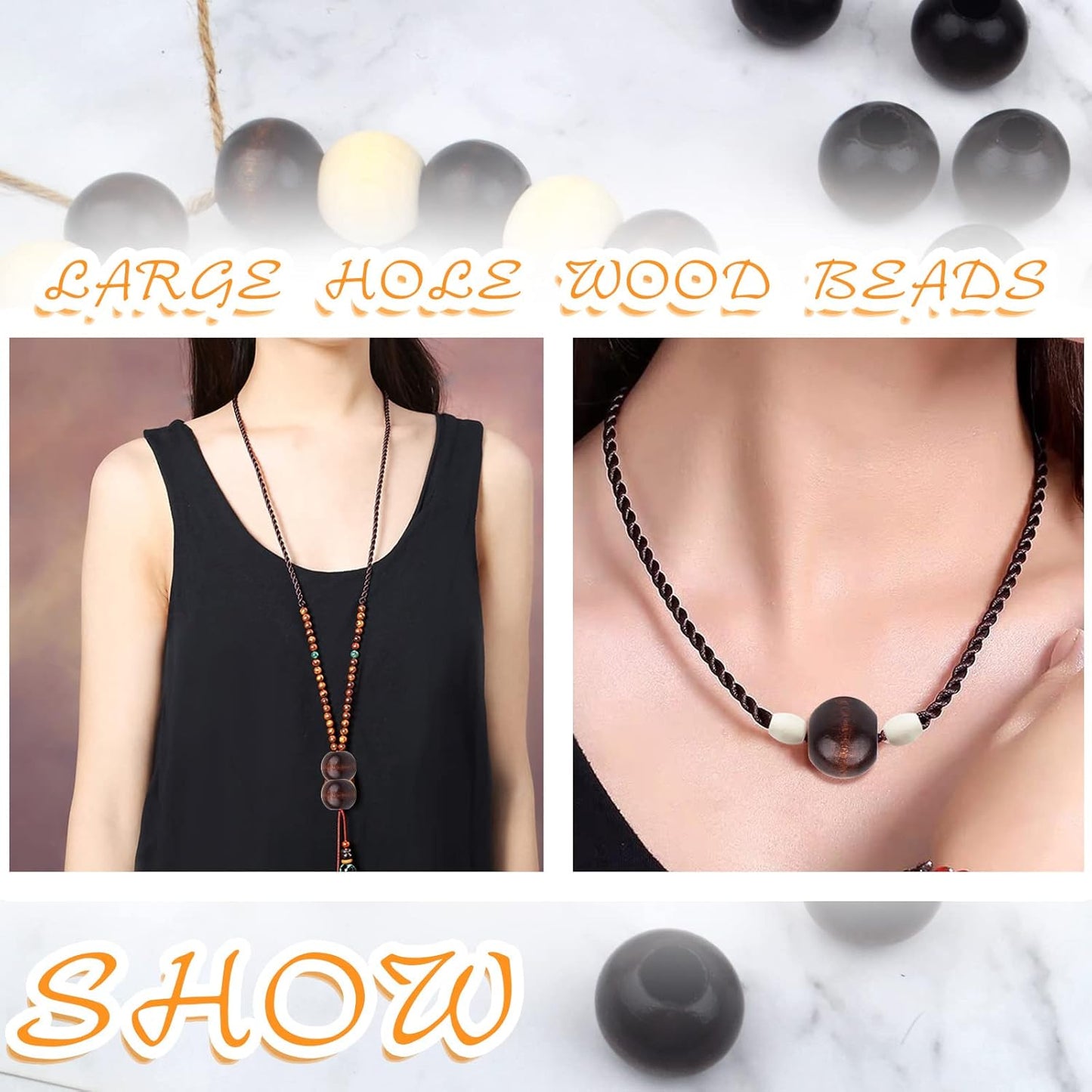30pcs 25mm Wood Round Beads Natural Wooden Spacer Beads Loose Macrame Beads with 10mm Large Hole for DIY Jewelry Making Handmade Decoration, Black Coffee