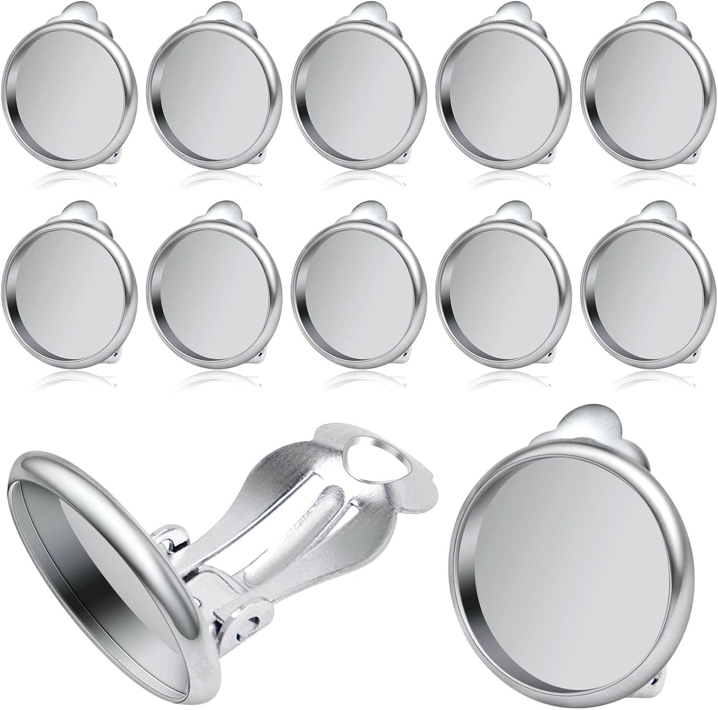 Clip-on Earring Converters, 20pcs (10 Pair) Flat Round Earring Trays 12mm Earring Cabochon Setting Converter for Non Pierced Ears Earring Making - Silver