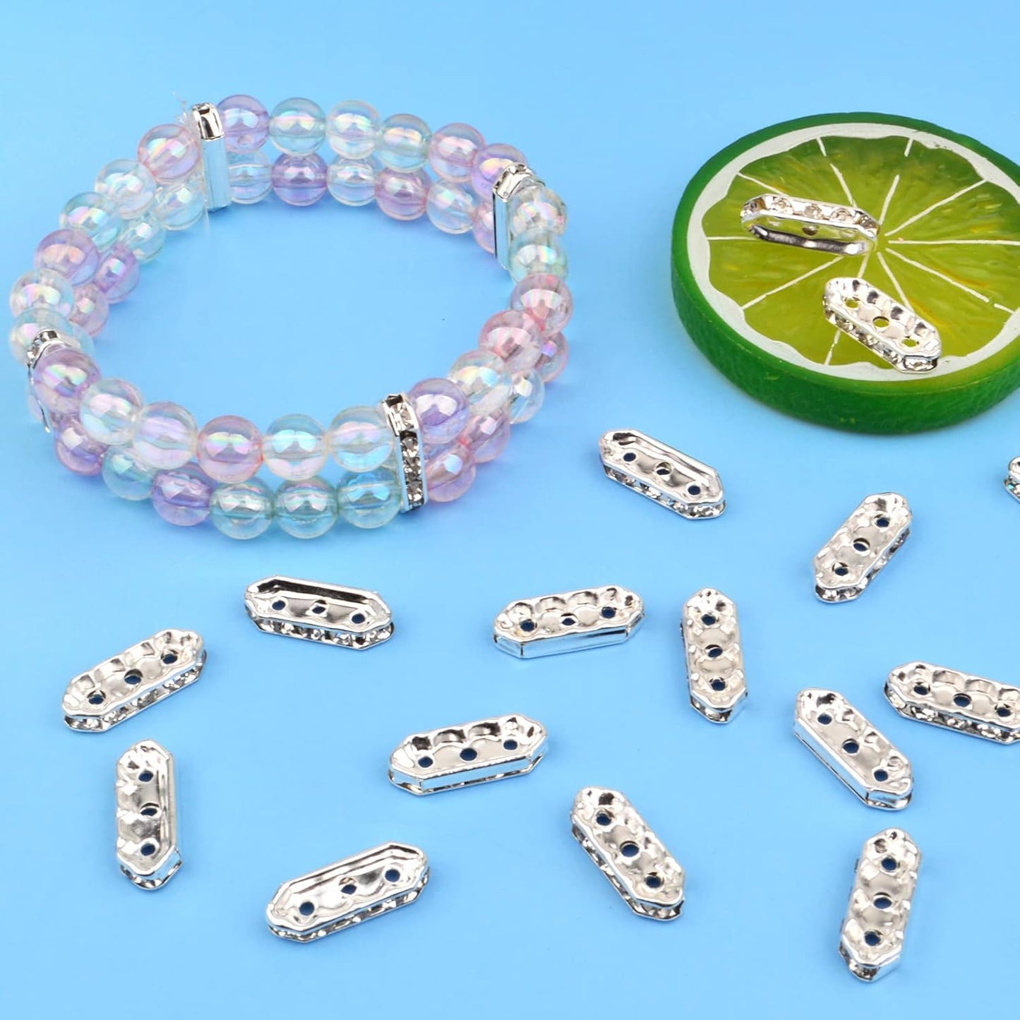 100pcs Silver Rhinestone Spacer Bars 3 Holes Crystal Spacer Beads Connector Loose Beads for DIY Multi Strand Bracelet Jewelry Making, 17.5x7mm