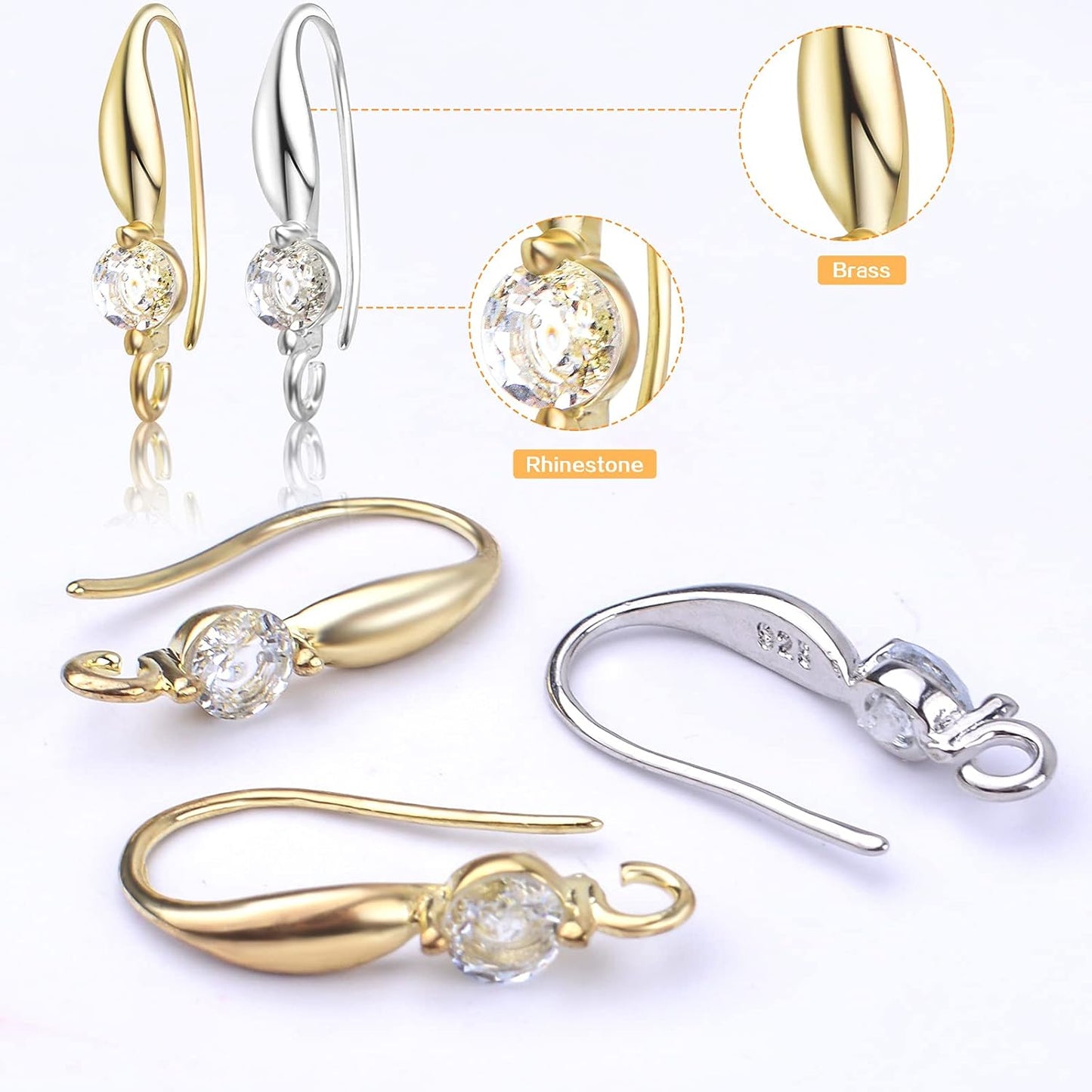 12pcs Silver Plated Rhinestone Earring Hooks Brass Ear Wire Fish Hooks with Open Loop Round Rhinestone Earring Components for Women DIY Earrings Jewelry Making
