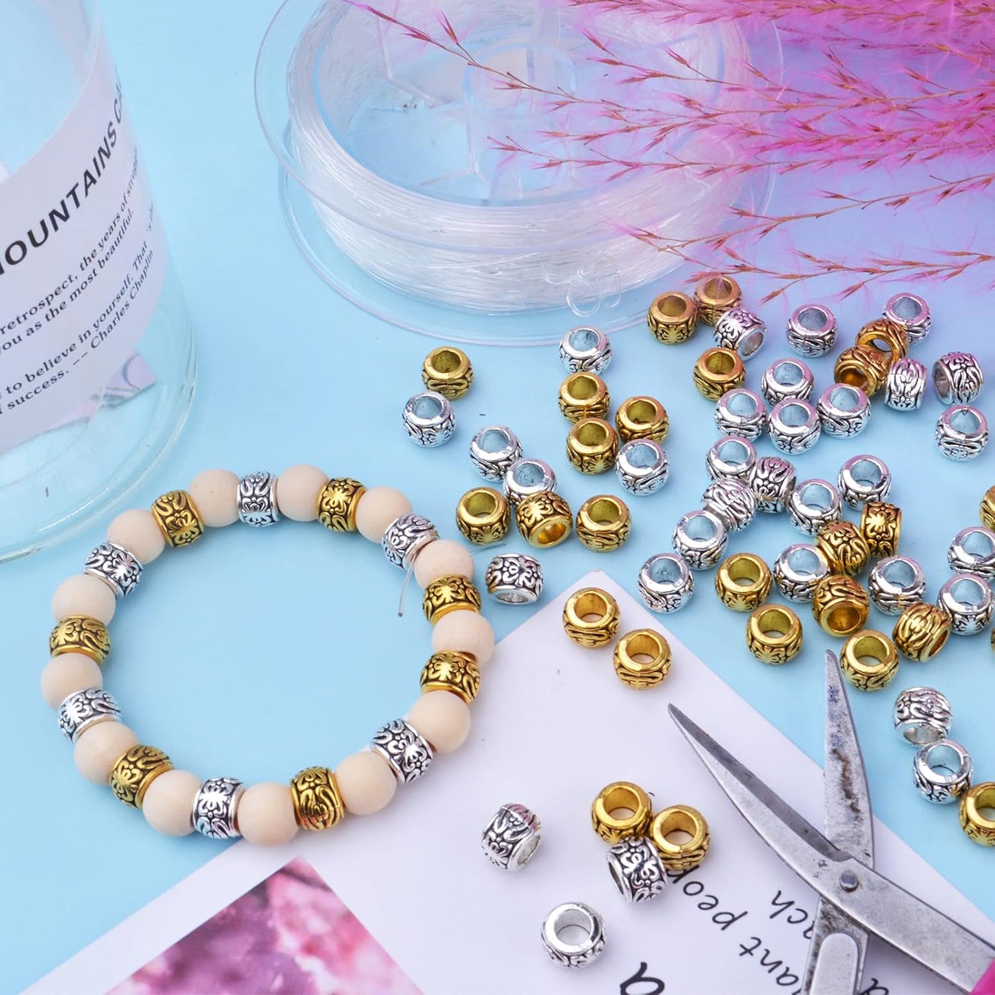 100pcs Barrel Spacer Beads European Large Hole Beads Tibetan Alloy Column Loose Charm Beads with Exotic Patterns for DIY Bracelet Crafts Jewelry Making Supplies, 2 Colors, Hole: 4 mm