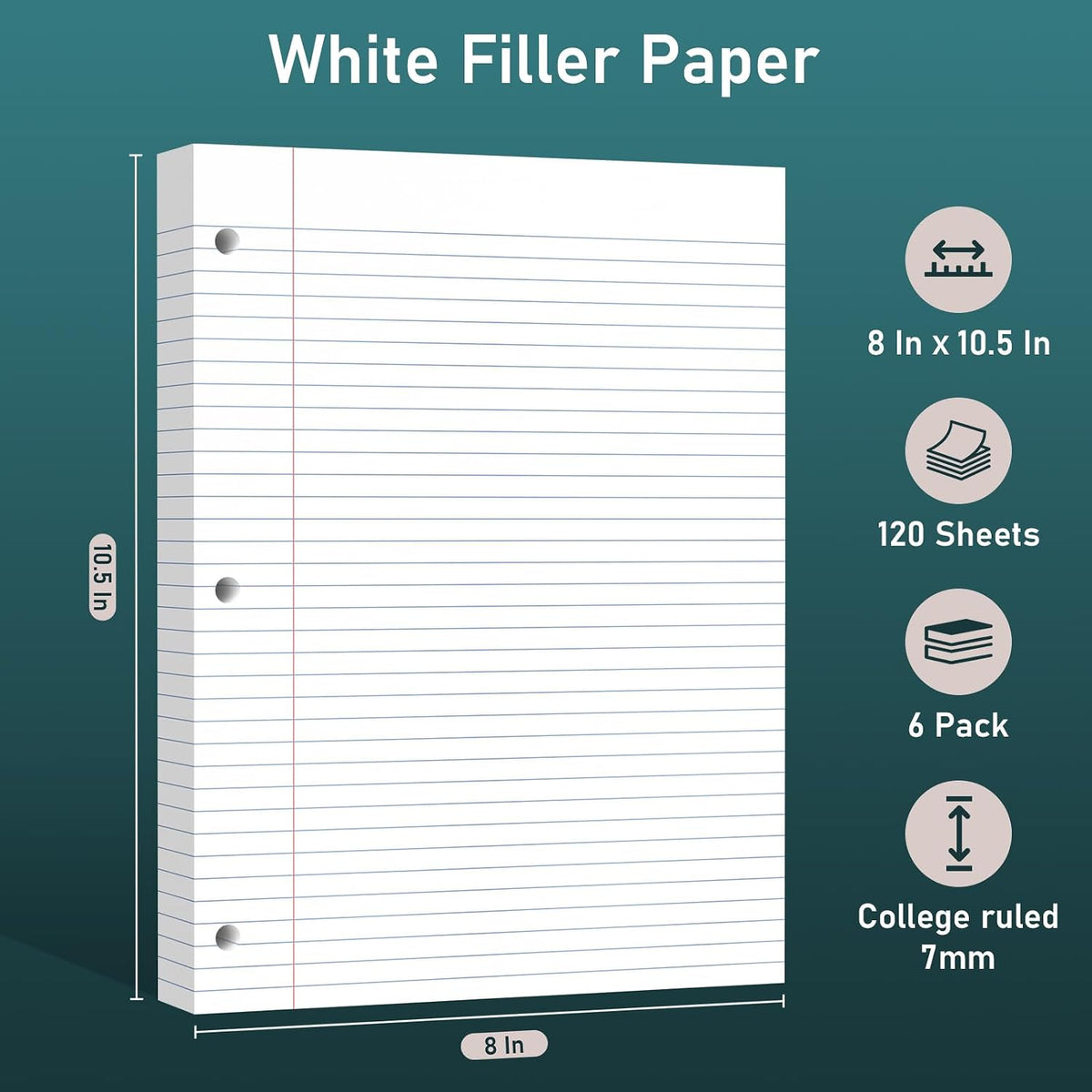 HENDEVL 6 Pack Loose Leaf Paper, 120 Sheets Notebook Lined Pads, 8 x 10.5 College Ruled Filler Paper, 3-Hole Punched, White Loose Leaf Notebook Paper for 3 Ring Binders, for Home & Office, School Supplies