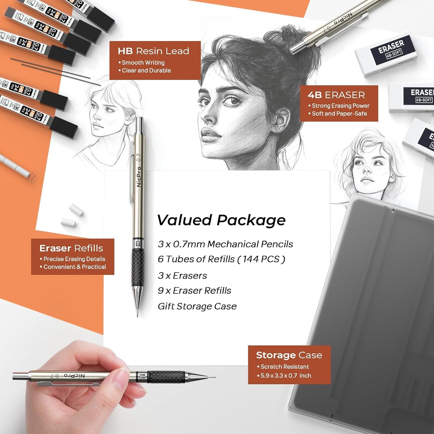 Aylifu  0.7 mm Art Mechanical Pencil Set in Storage Case, 3 PCS Metal Drafting Pencil Lead Pencil with 6 Tube HB Lead Refills, 3 Erasers, 9 PCS Eraser Refills for Artist Writing, Drawing, Sketching