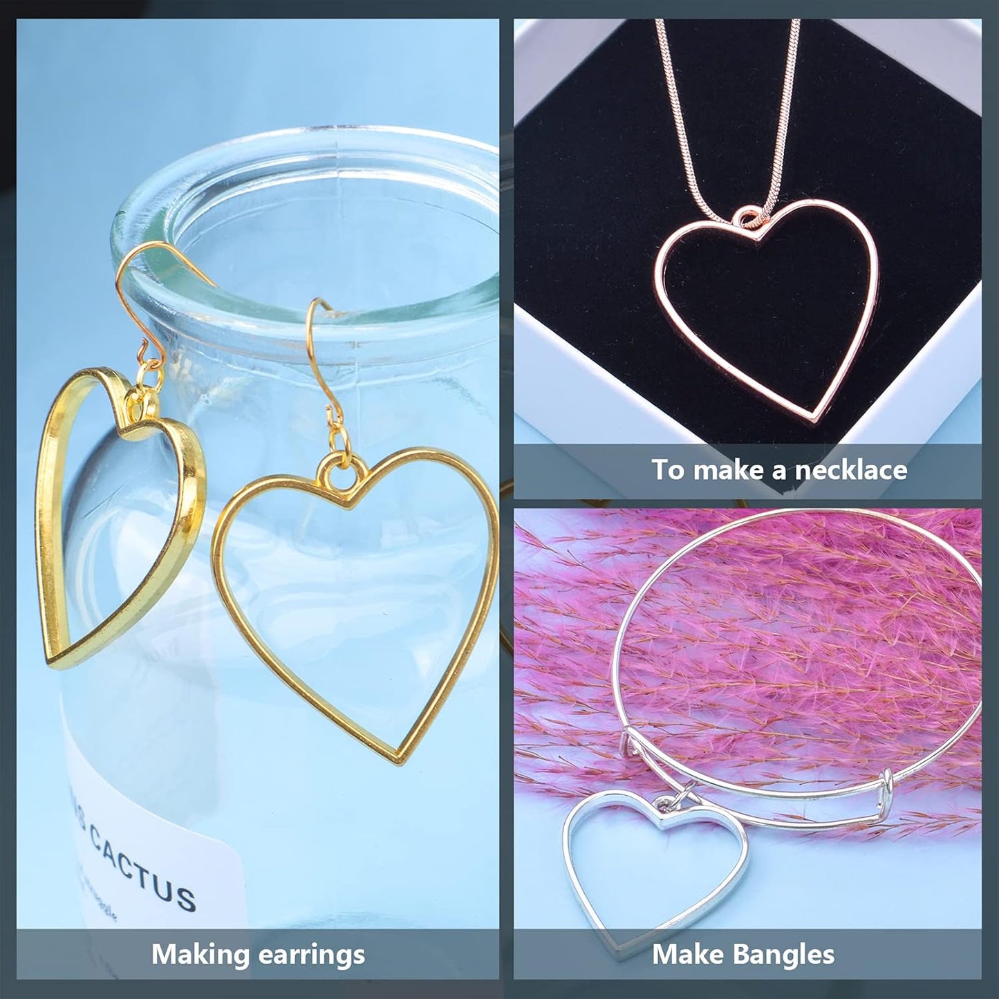 Open Backs Bezel Pendants, 20pcs Heart Hollow Frame Pendant Geometric Blanks Charms Resin Molds for Jewelry Findings Diy Pressed Flower Frame Earrings Bracelet, 4 Colors