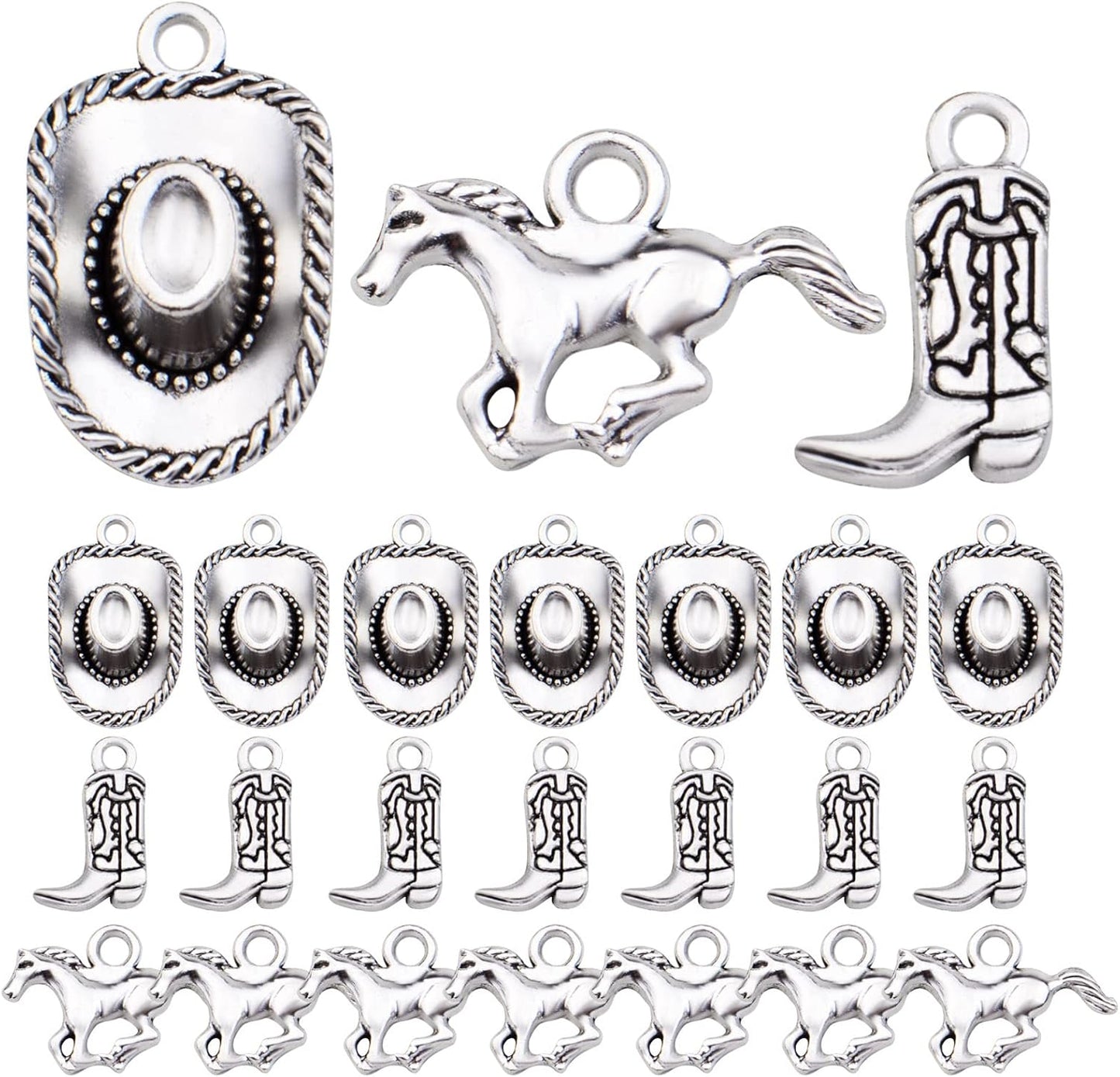 60pcs Silver Western Cowboy Charms Pendants Alloy Horse Cowboy Boot Hat Dangle Charms for DIY Earrings Bracelet Necklace Jewelry Making