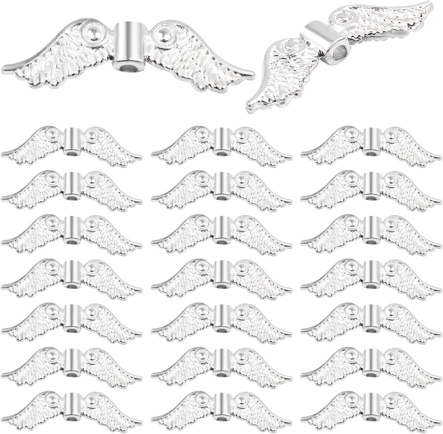 60pcs Tibetan Style Angel Wing Spacer Beads Alloy Small Hole Wing Loose Spacer Charm Beads Accessories for DIY Bracelet Necklace Earrings Jewelry Making, Bright Silver