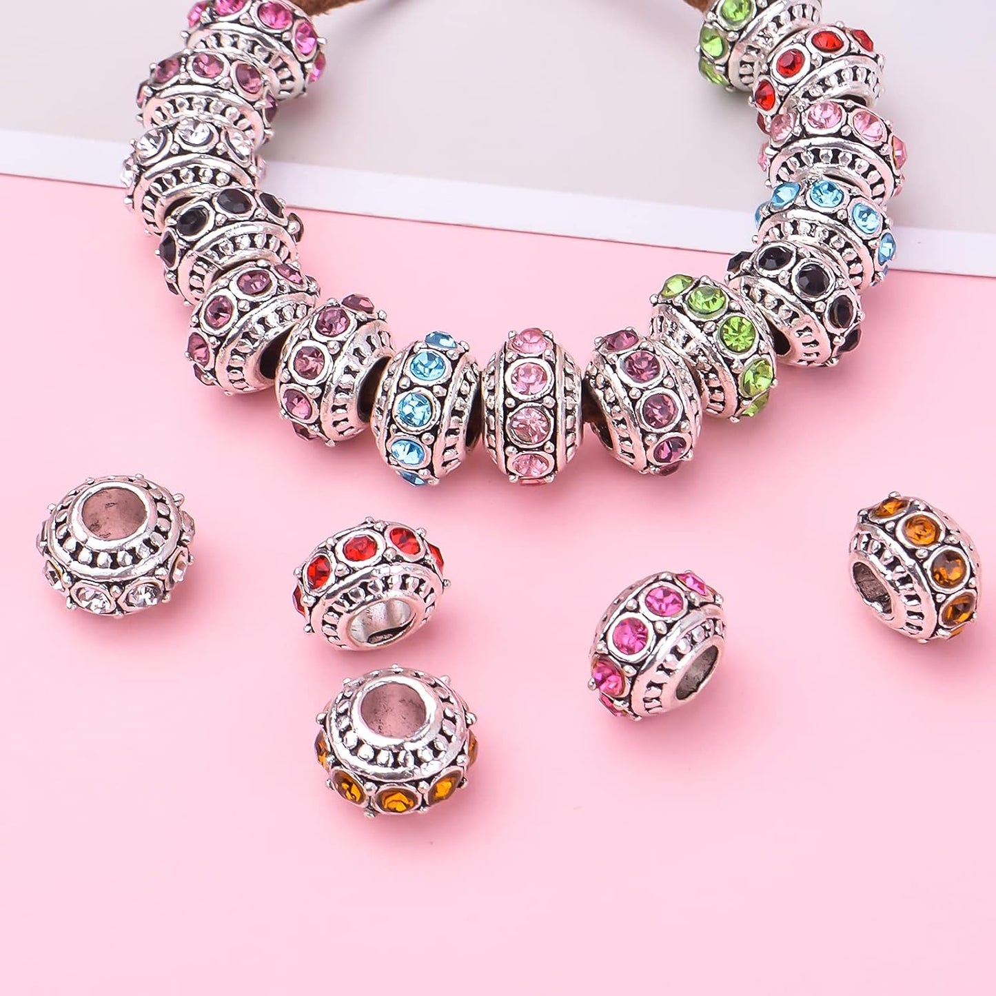 Large Hole European Beads, 20pcs 10 Styles Rondelle Rhinestone Beads Crystal Charm Spacer Beads for DIY Bracelet Snake Chain Jewelry Making, 11 mm x 7 mm, Hole: 4.4 mm
