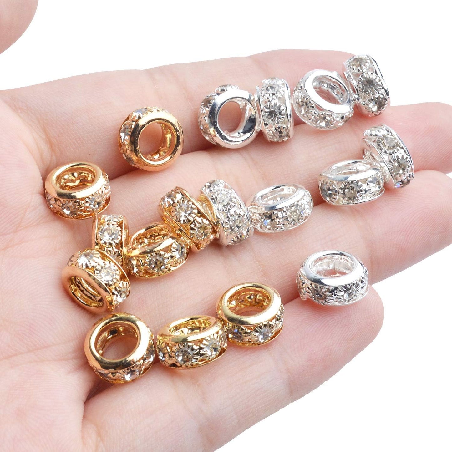 Large Hole Rhinestone Beads,40pcs 10mm Spacer Beads Crystal Pave Brass Beads Rondelle Beads Fit European Bracelet Snake Chain Jewelry DIY
