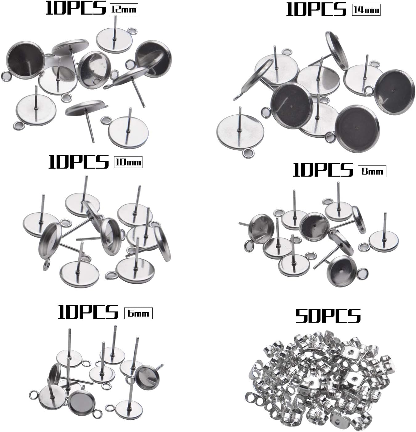 Earring Posts with Loop,50pcs Stainless Steel Bezel Earring Studs Earring Posts Cabochon Settings with Loops and 50pcs Earring Backs,6/8/10/12/14mm