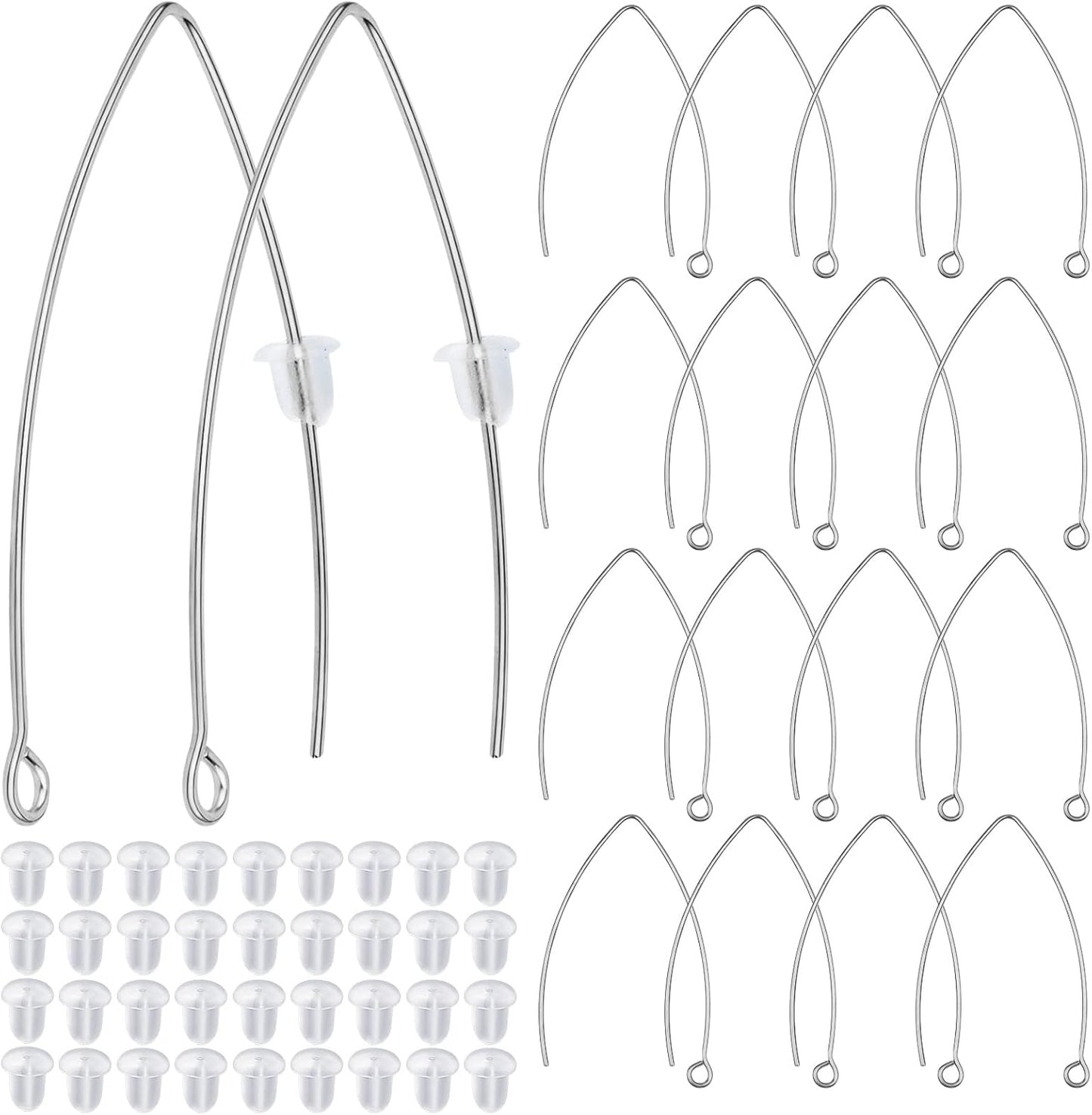 40pcs Stainless Steel Ear Wire V-Shaped Earring Hooks Hypoallergenic Earring Hooks Components and 40pcs Clear Ear Backs for DIY Dangle Earrings Jewelry Making, Silver