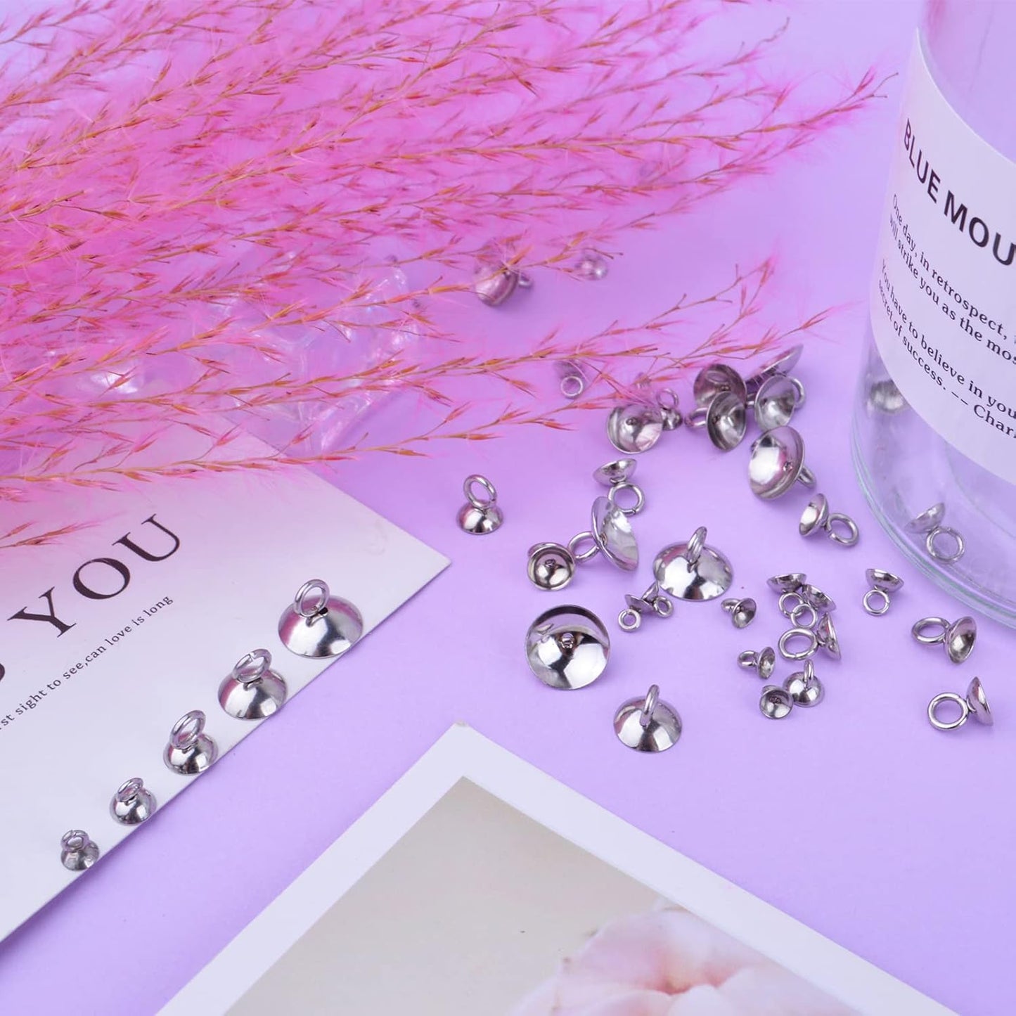 50pcs 5 Sizes Bead Cap Pendant Bails Stainless Steel Round Bails Caps Bead Caps with Loop Dangle Charm Bead Connectors for Jewelry Necklace Bracelet Making