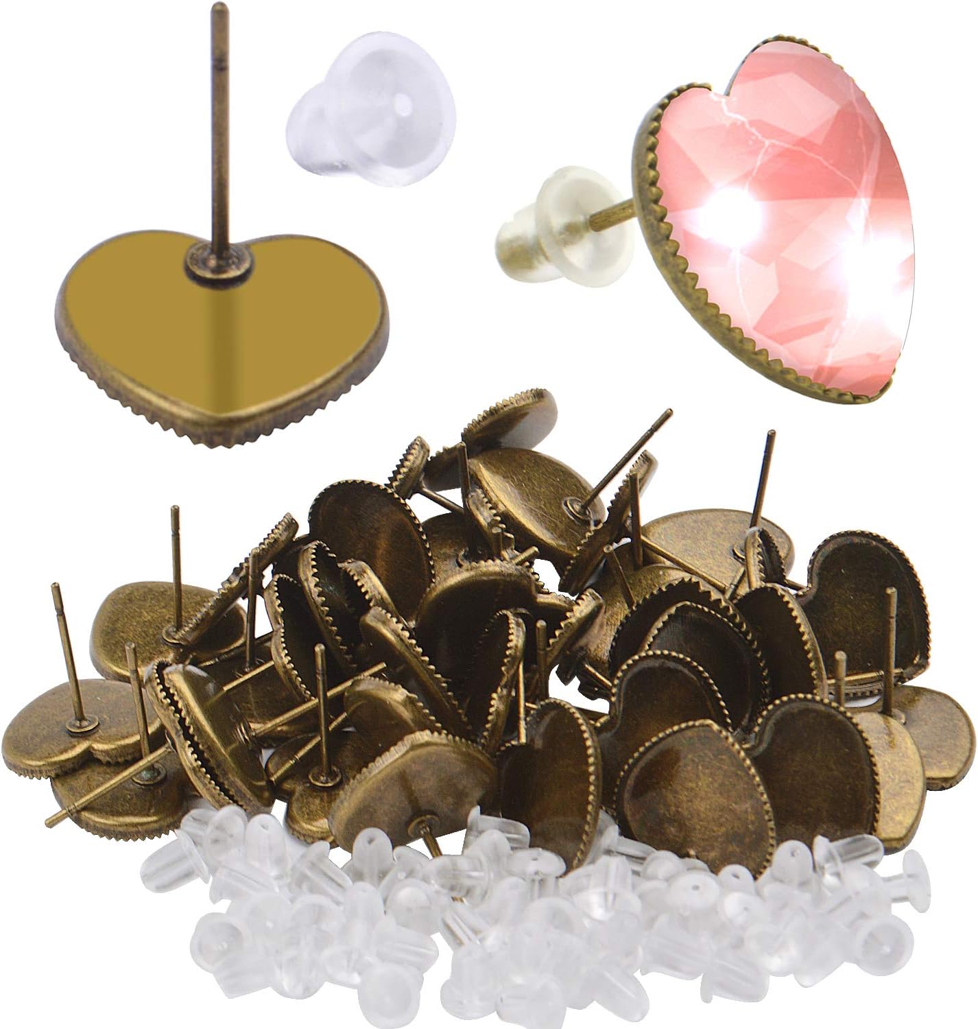 Earring Cabochon Settings, 40 Pieces Cabochon Stud Earrings Blank Heart Shape Earring Bezel Tray with 40 Pieces Earring Safety Backs for Jewelry Making,Bronze