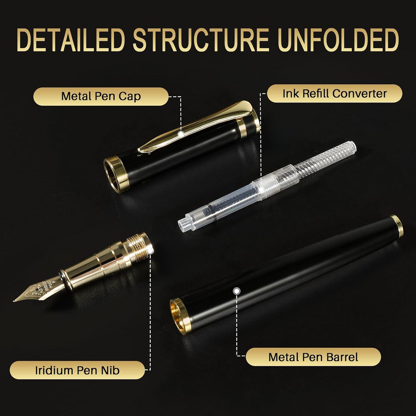 HENDEVL  Fountain Pen with Medium Nib | Luxury Black Finish, Smooth Ink Flow, Complete Set with Ink Cartridges, Converter & Sleeve | Ideal for Professionals, Office, Journaling, and Gifts