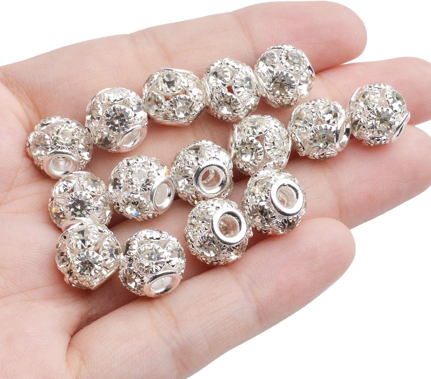 Rhinestone Spacer Beads, 30pcs 10mm Silver Rhinestone Pave Crystal Brass Beads European Rondelle Beads Round Spacer Beads for Bracelet Nacklace Jewelry Making Wedding Party Decoration