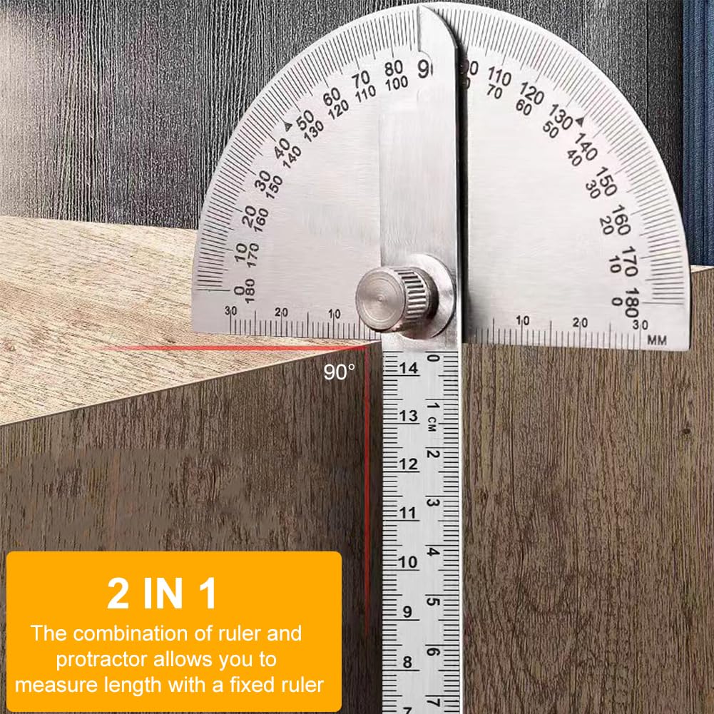 Aylifu Stainless Steel Protractor 0-180 Degrees, Woodworking Ruler Angle Finder, Metal Adjustable General Angle Measuring Tool(Size:0-180 Degrees), as picture show