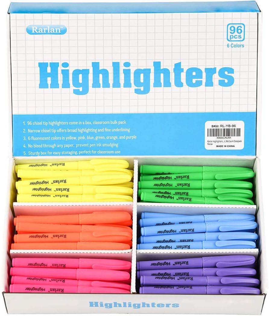 Aylifu  Highlighters, Chisel Tip, Assorted Fluorescent, 96 Count Bulk Pack