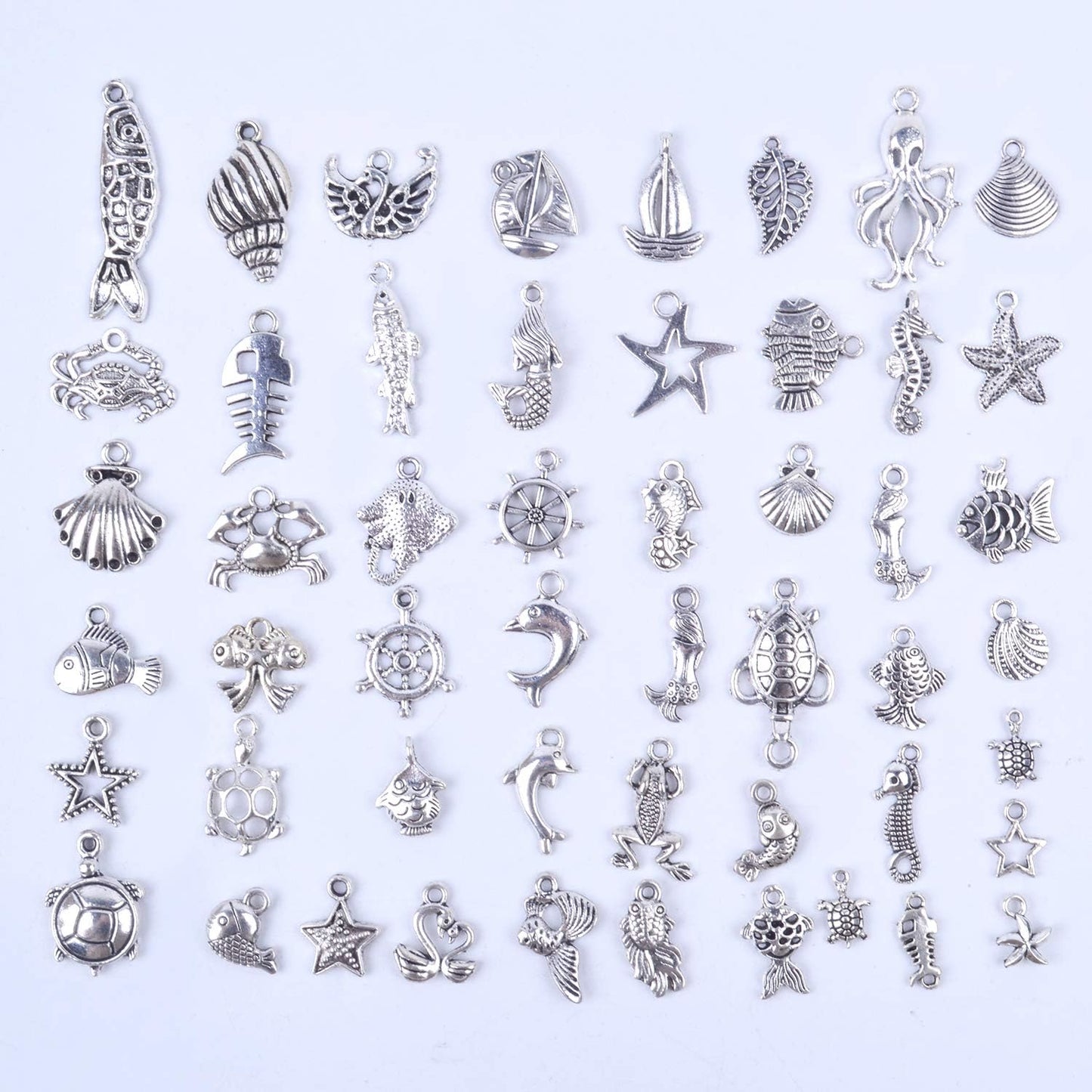 100pcs Mixed Antique Silver DIY Ocean Fish & Sea Creatures Charms Pendants for Making Bracelet and Necklace