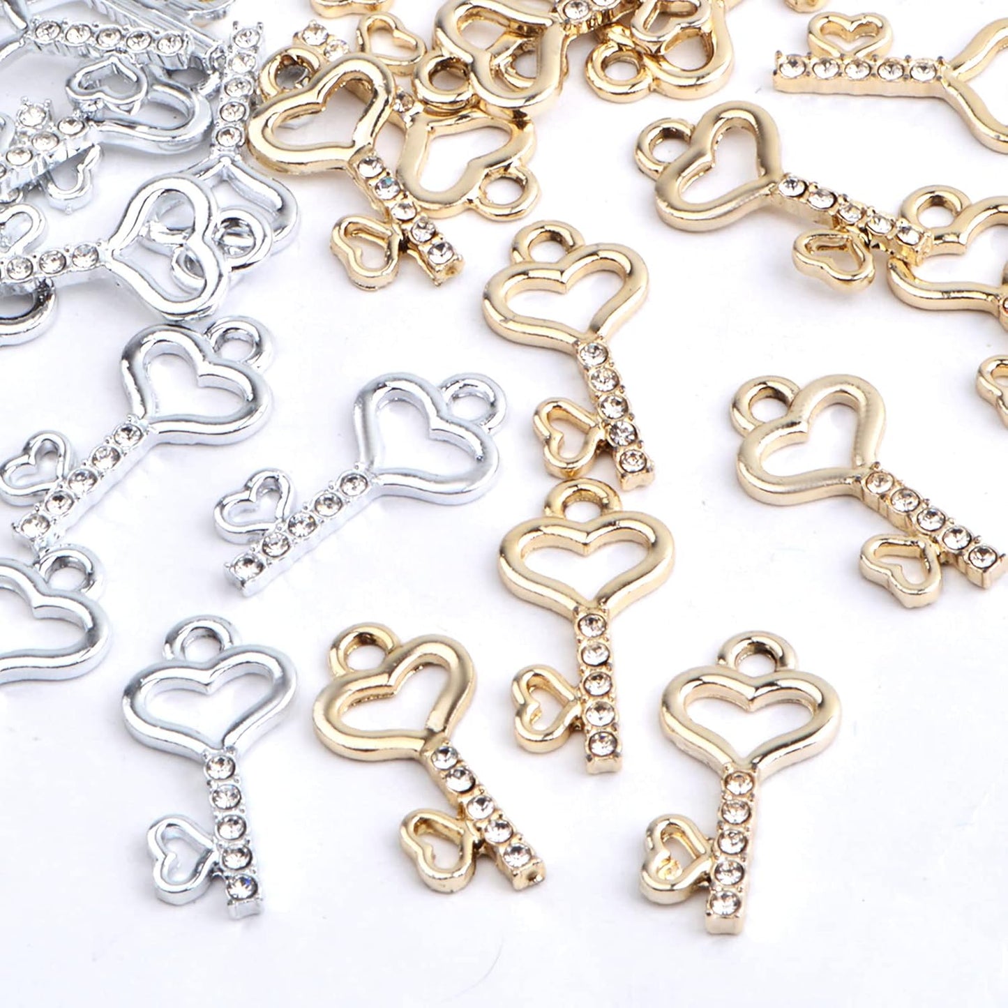 30pcs Heart Key Pendant Charms Mini Metal Heart Shape Key Pendants with Rhinestone Handmade Accessories for Bracelet Keychains Jewelry Making Valentine's Day Gifts, 2 Colors