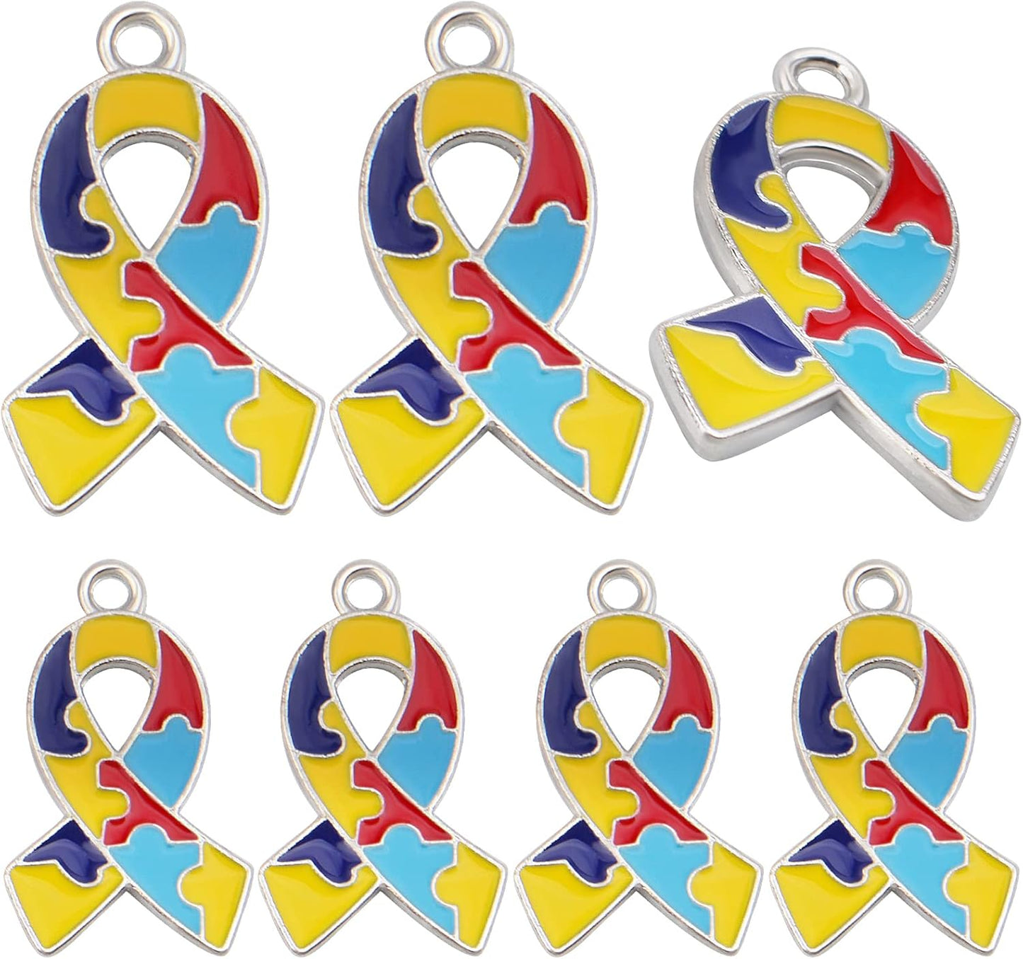 20pcs Autism Charms Pendants Ribbon Heart Round Square Cross with Puzzle Shape Charms Enamel Colorful Enamel Autistic Awareness Pendants for DIY Necklace Bracelet Earrings Jewelry Making Supplies