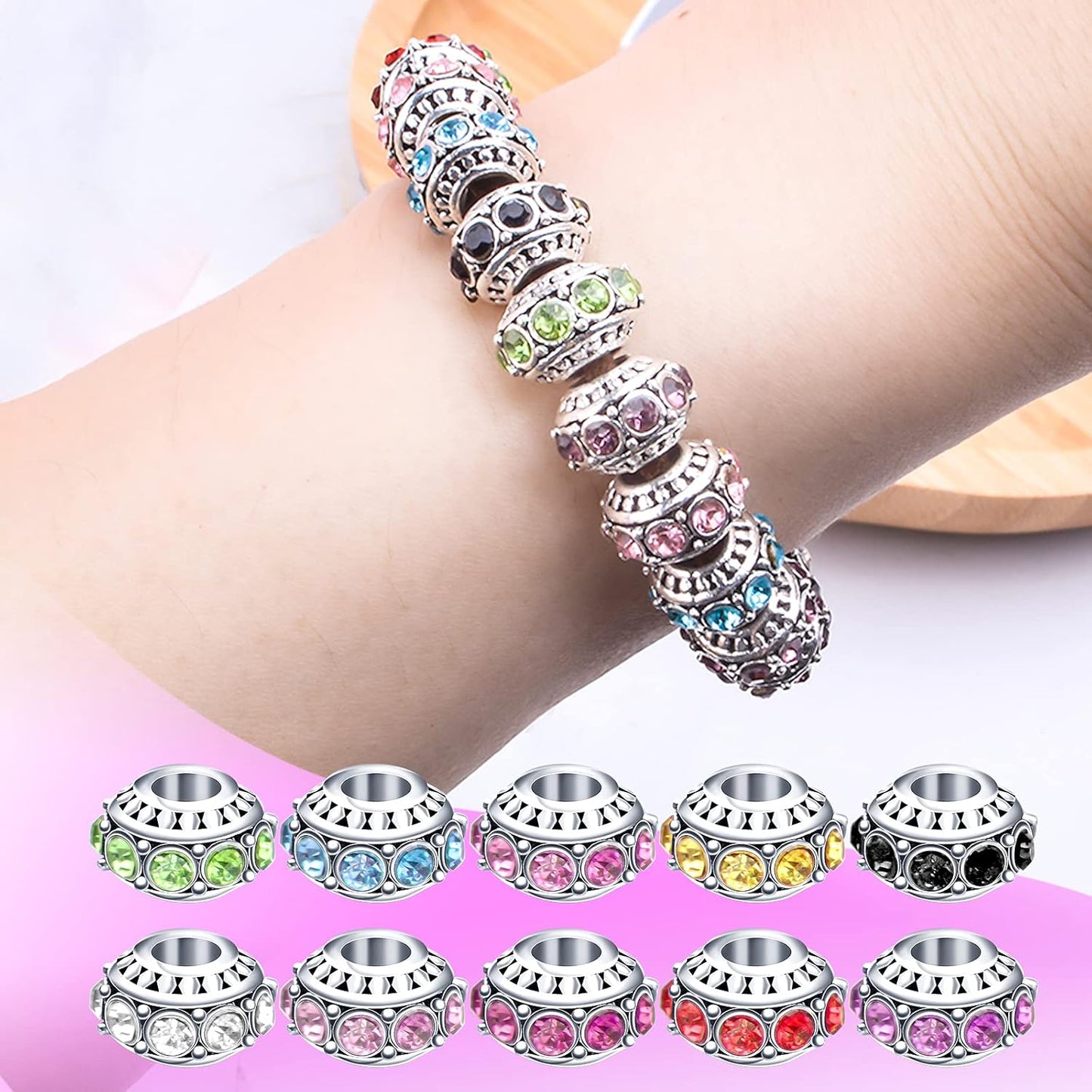 Large Hole European Beads, 20pcs 10 Styles Rondelle Rhinestone Beads Crystal Charm Spacer Beads for DIY Bracelet Snake Chain Jewelry Making, 11 mm x 7 mm, Hole: 4.4 mm