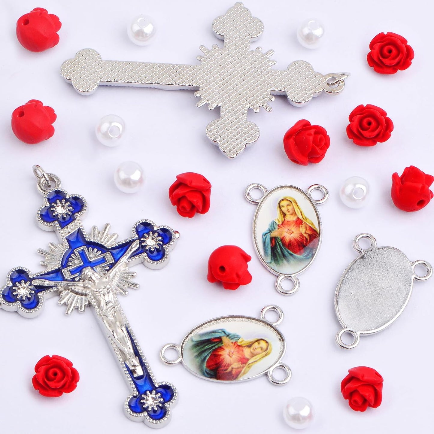 5pcs Enamel Jesus Virgin Mary Pendant Links, 5pcs Blue Religious Cross Charms, 30pcs Cinnabar Carved Red Rose Beads and 500pcs White Pearls for Rosary Necklace DIY Jewelry Making