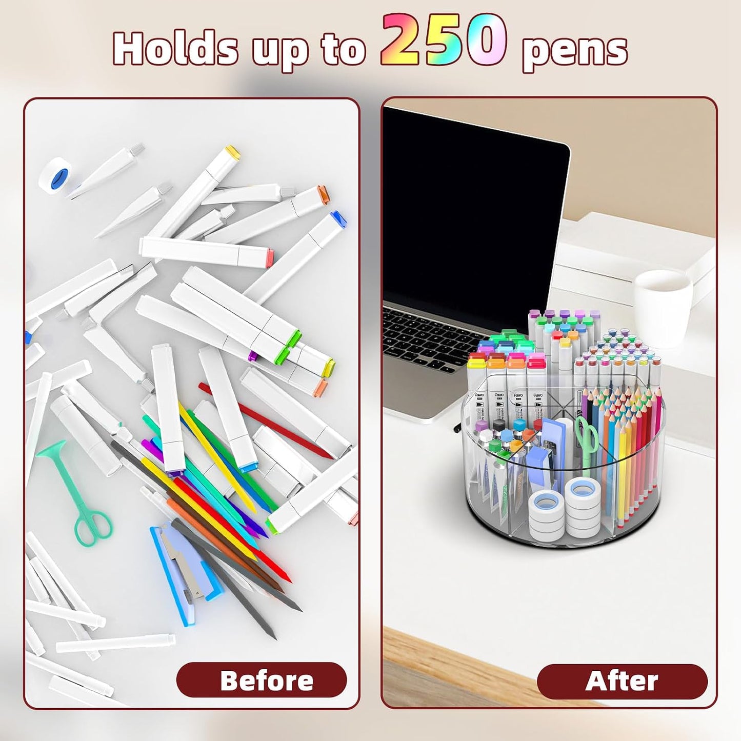 HENDEVL 250pcs Acrylic Pencil Holder Marker Organizer, 360-Degree Rotating Pen Holder, Crayon Organizers for Kids Pencil Organizer Caddy Art Supply Lazy Susan Organizer for Desk Home School Office