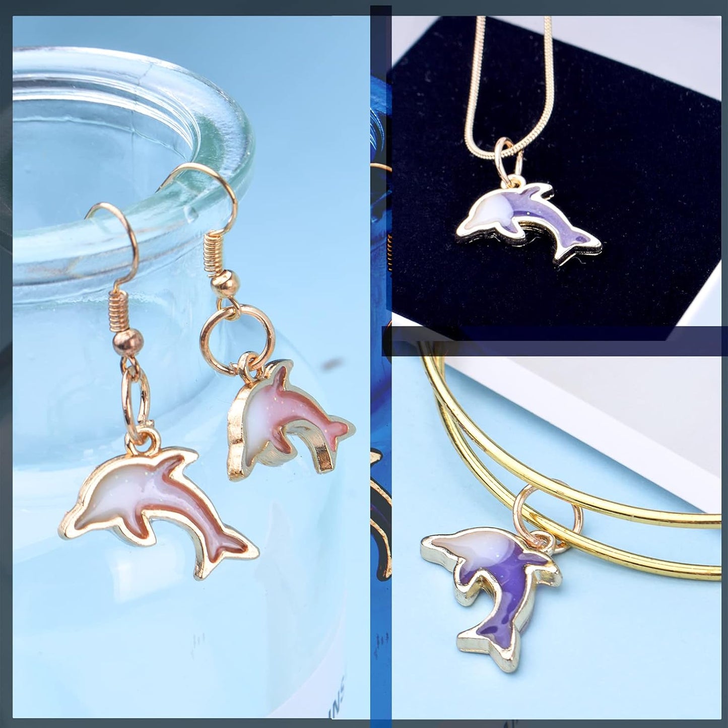 24pcs Double Sided Enamel Dolphin Pendants Fish Charms for DIY Earrings Necklace Bracelet Jewelry Crafts Making, 4 Colors